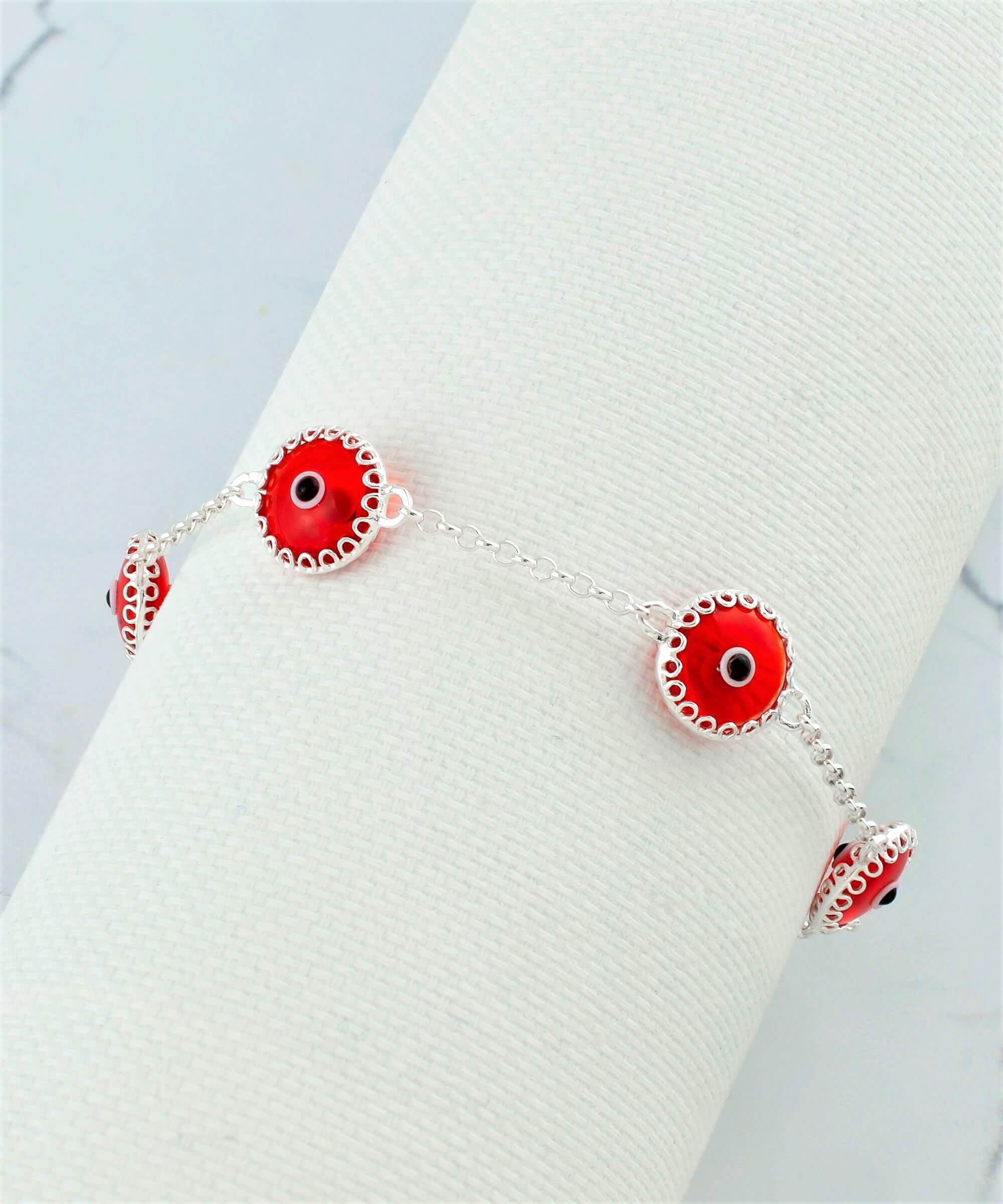 5 Beads Scarlet Evil Eye Women Silver Link Bracelet