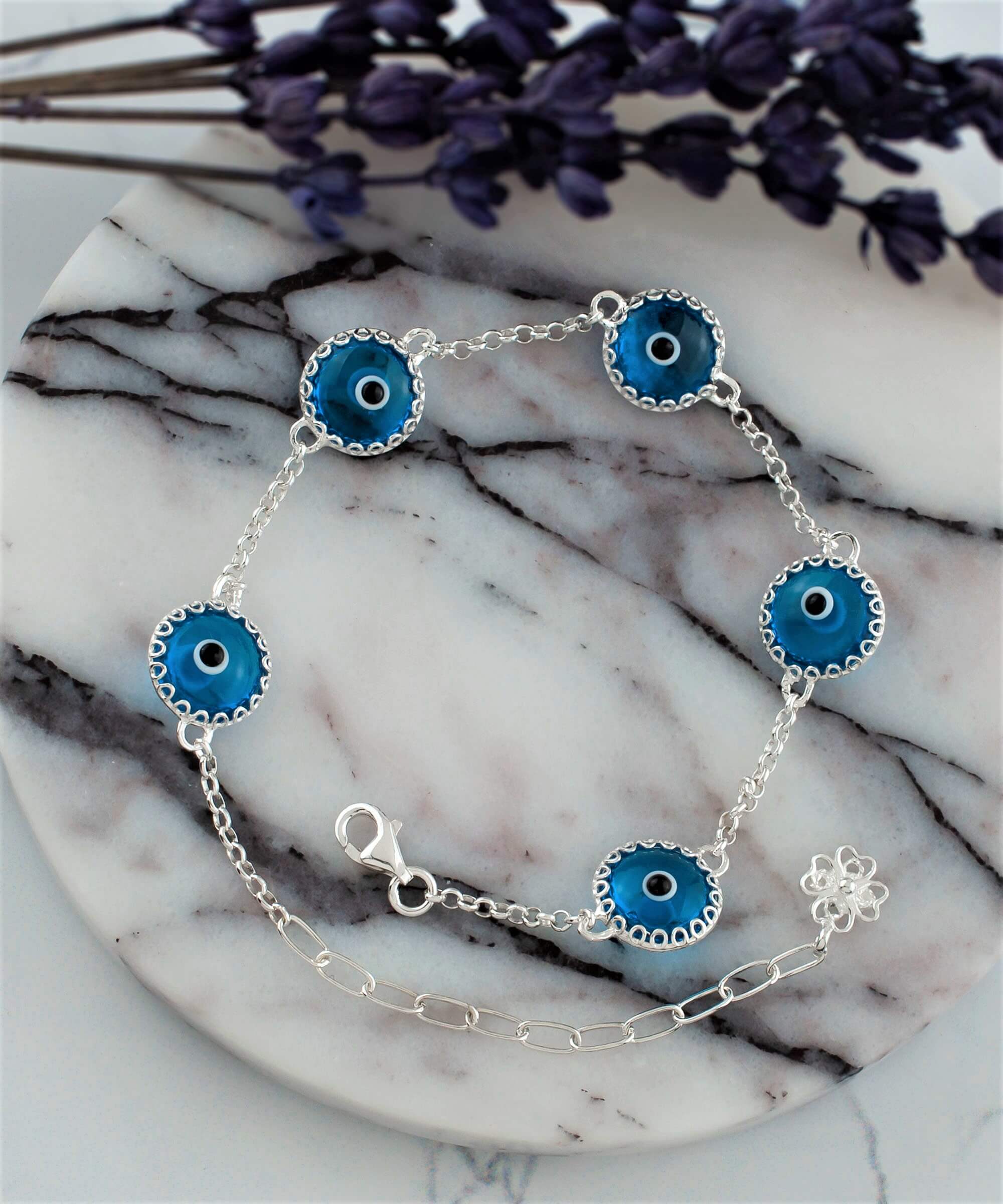 5 Beads Lapis Blue Evil Eye Women Silver Link Bracelet