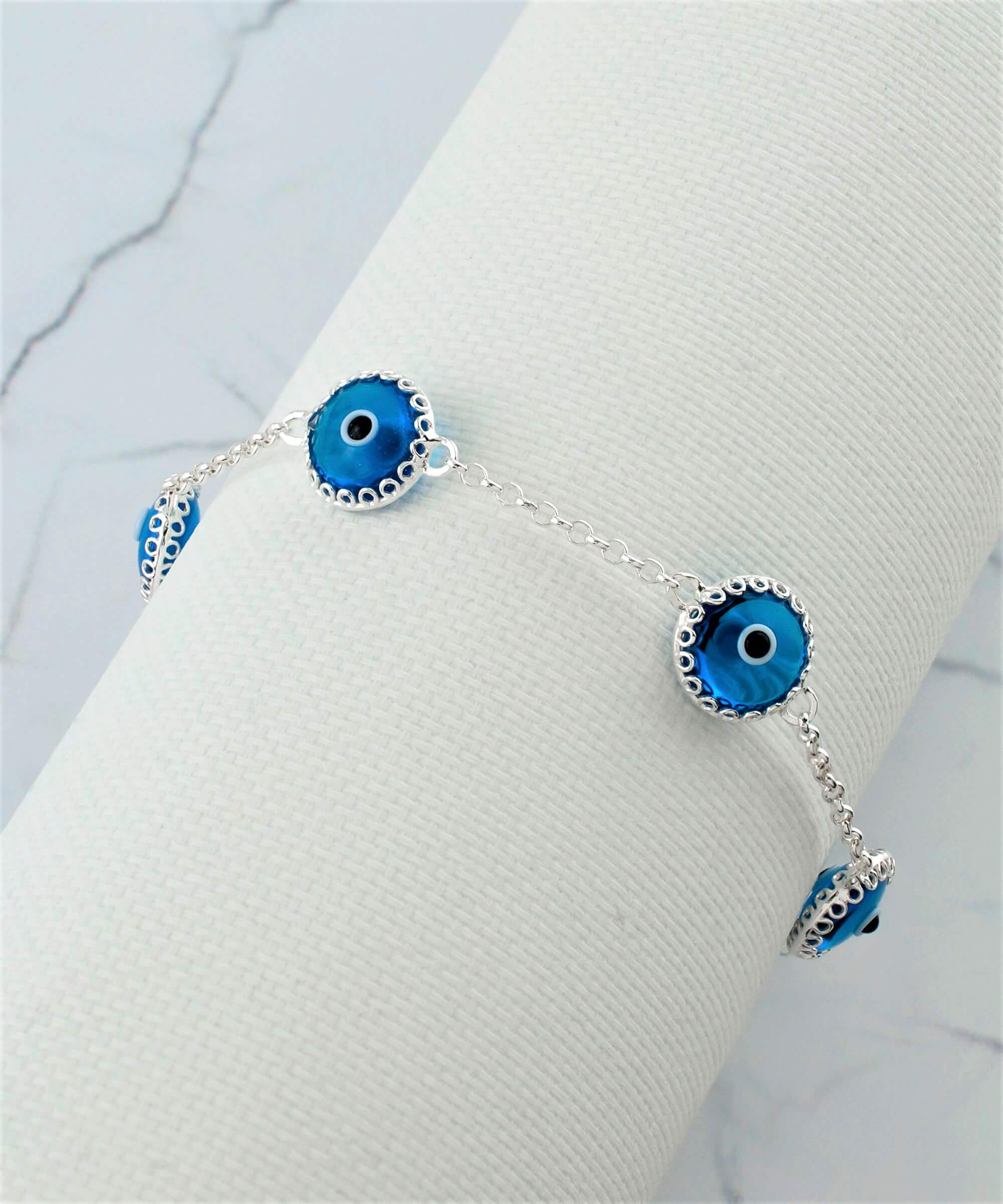 5 Beads Lapis Blue Evil Eye Women Silver Link Bracelet