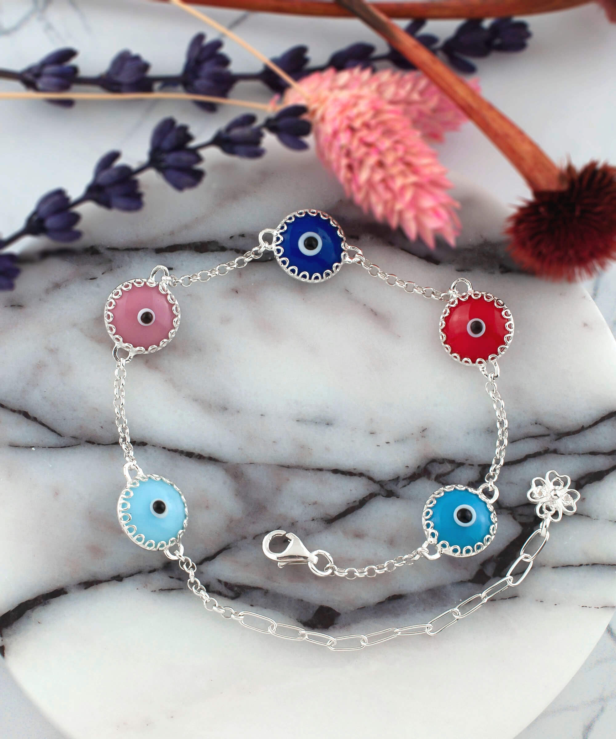 5 Beads Multi Color Evil Eye Women Silver Link Bracelet