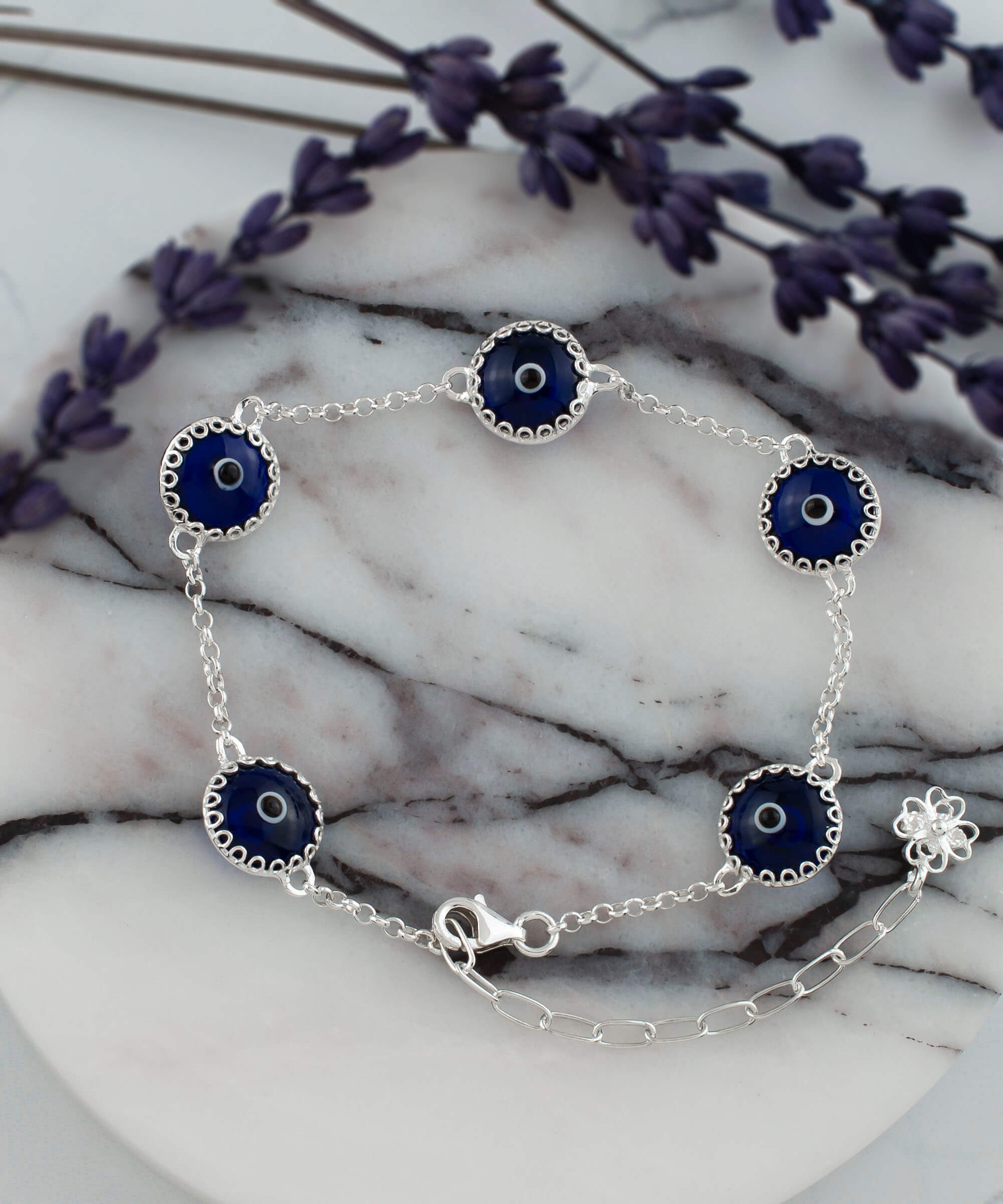 5 Beads Dark Blue Evil Eye Women Silver Link Bracelet