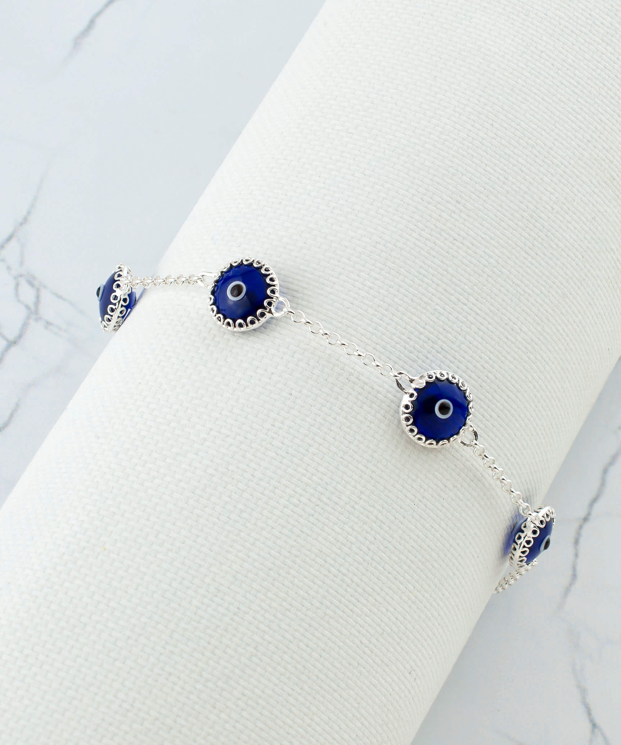 5 Beads Dark Blue Evil Eye Women Silver Link Bracelet