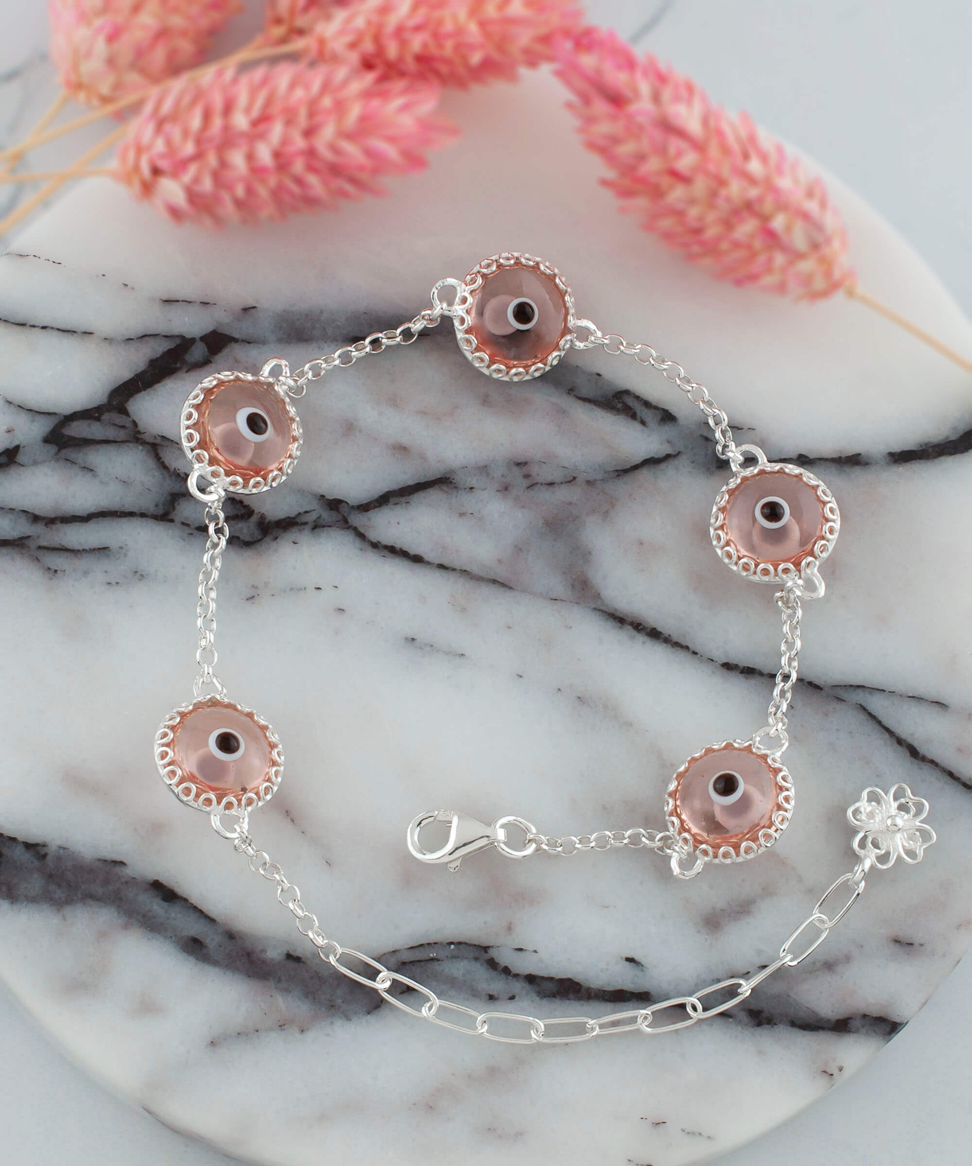 5 Beads Pink Evil Eye Women Silver Link Bracelet