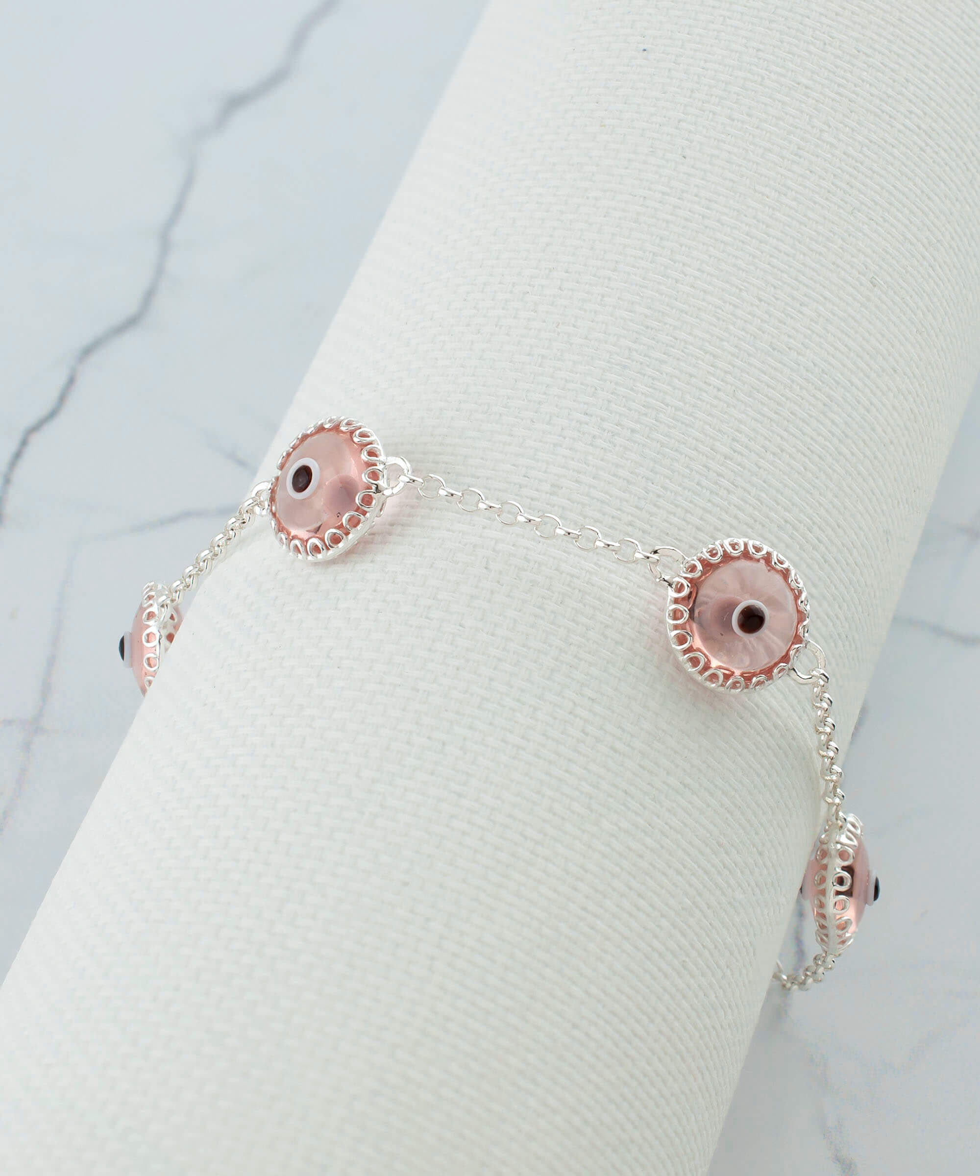 5 Beads Pink Evil Eye Women Silver Link Bracelet