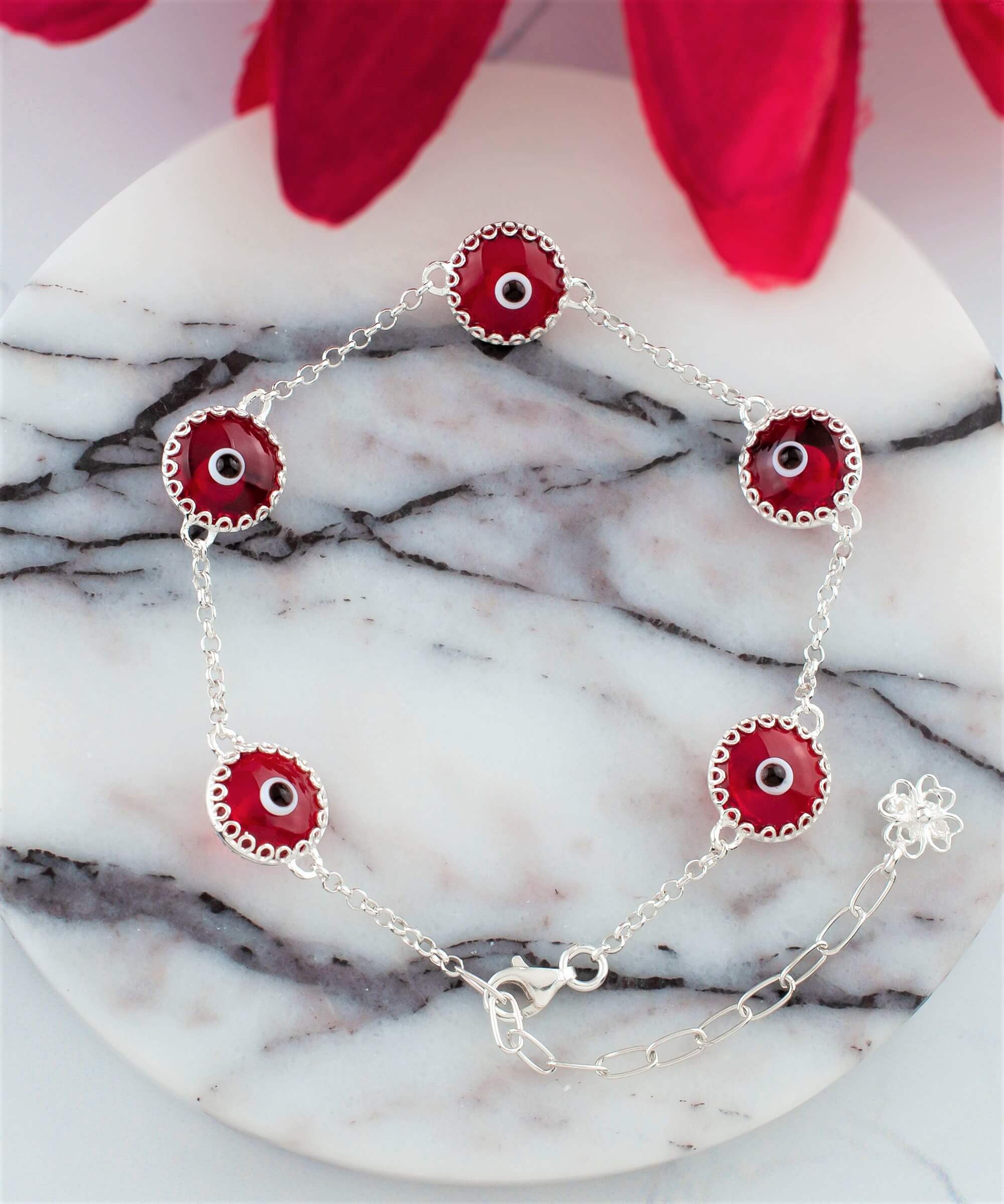 5 Beads Red Evil Eye Women Silver Link Bracelet