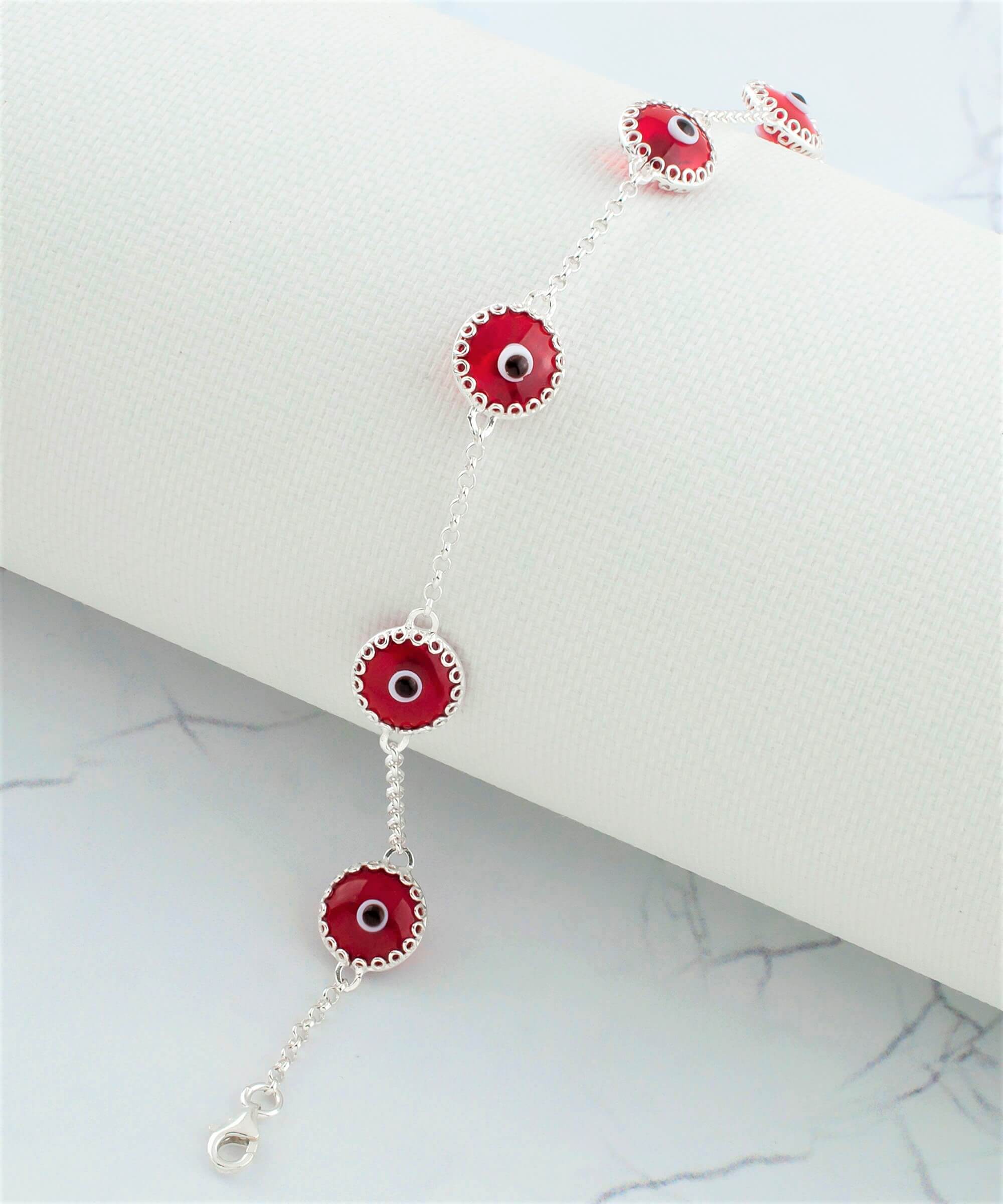 5 Beads Red Evil Eye Women Silver Link Bracelet