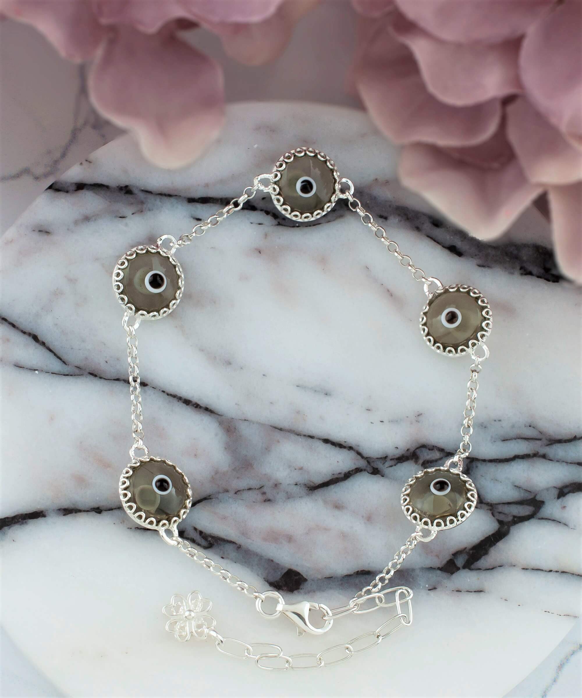 5 Beads Smokey Evil Eye Women Silver Link Bracelet