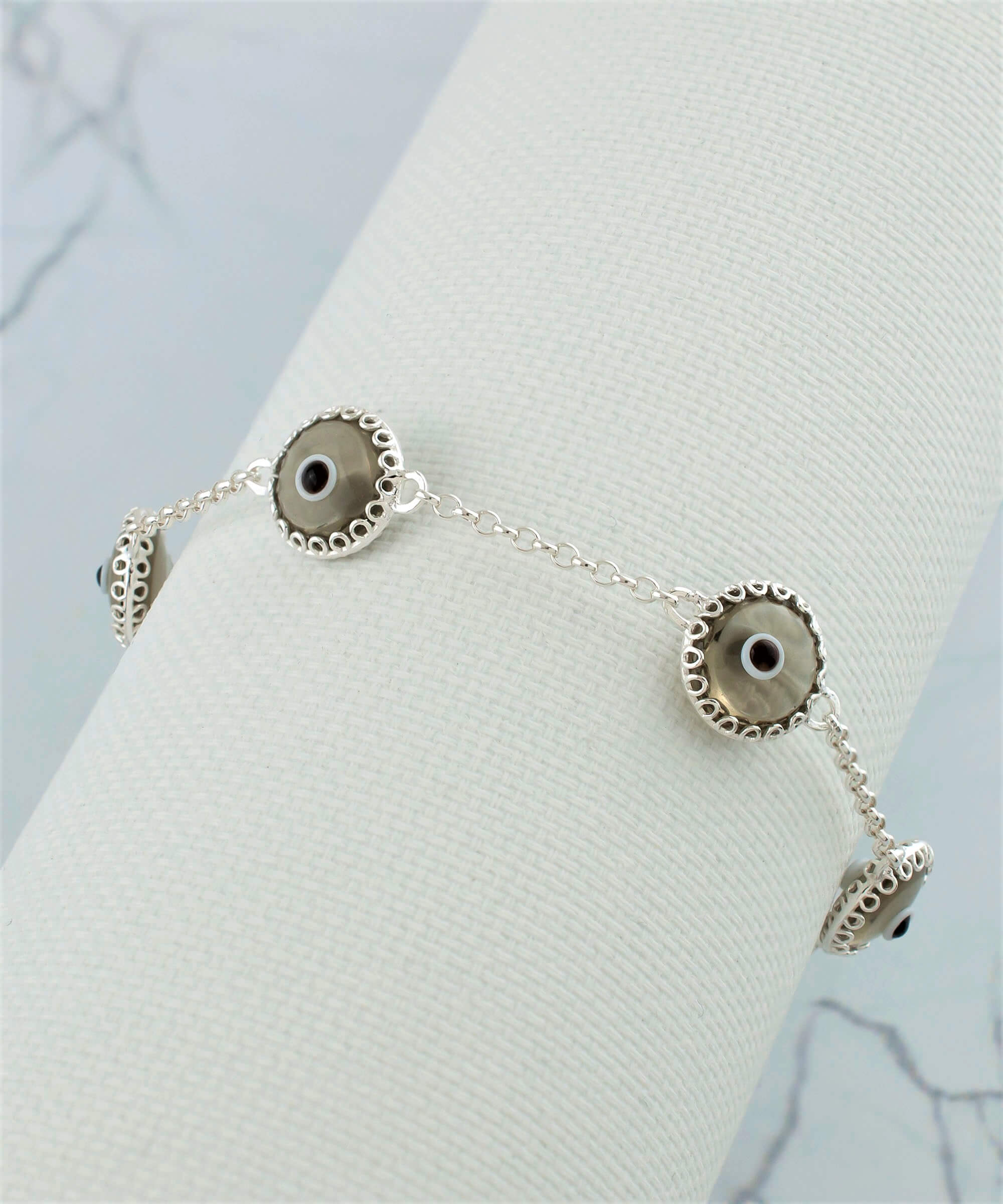 5 Beads Smokey Evil Eye Women Silver Link Bracelet