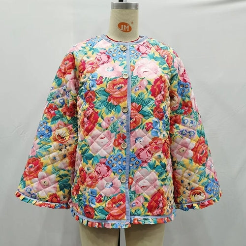 Flower Printed Quilted Parka Women Thick Warm Coat Spliced Flare Long