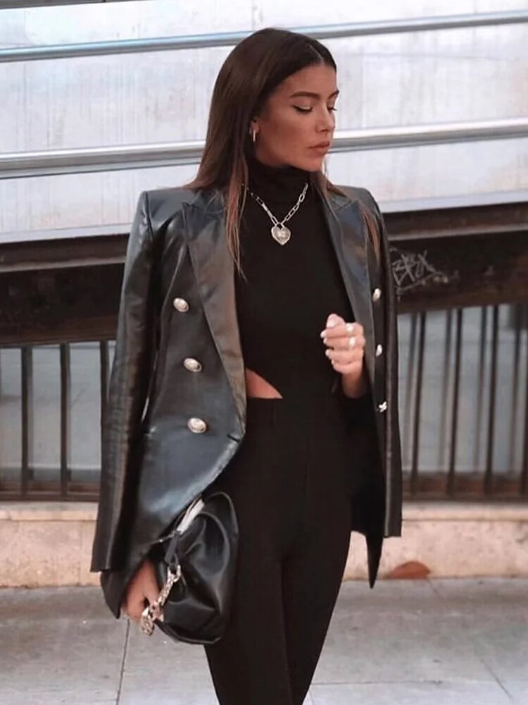 Faux Leather Blazer Jacket Women Vintage Black Long PU Jacket Coat