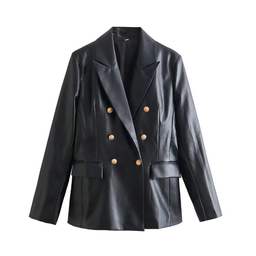 Faux Leather Blazer Jacket Women Vintage Black Long PU Jacket Coat