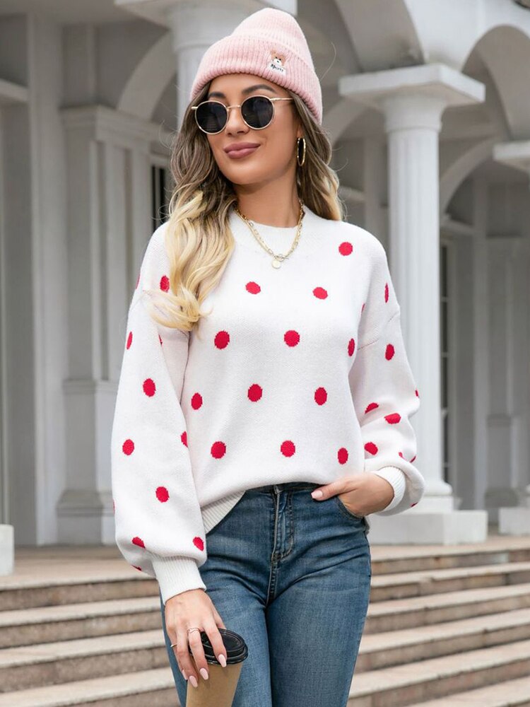 Polka Dots O Neck Casual Women's Sweater