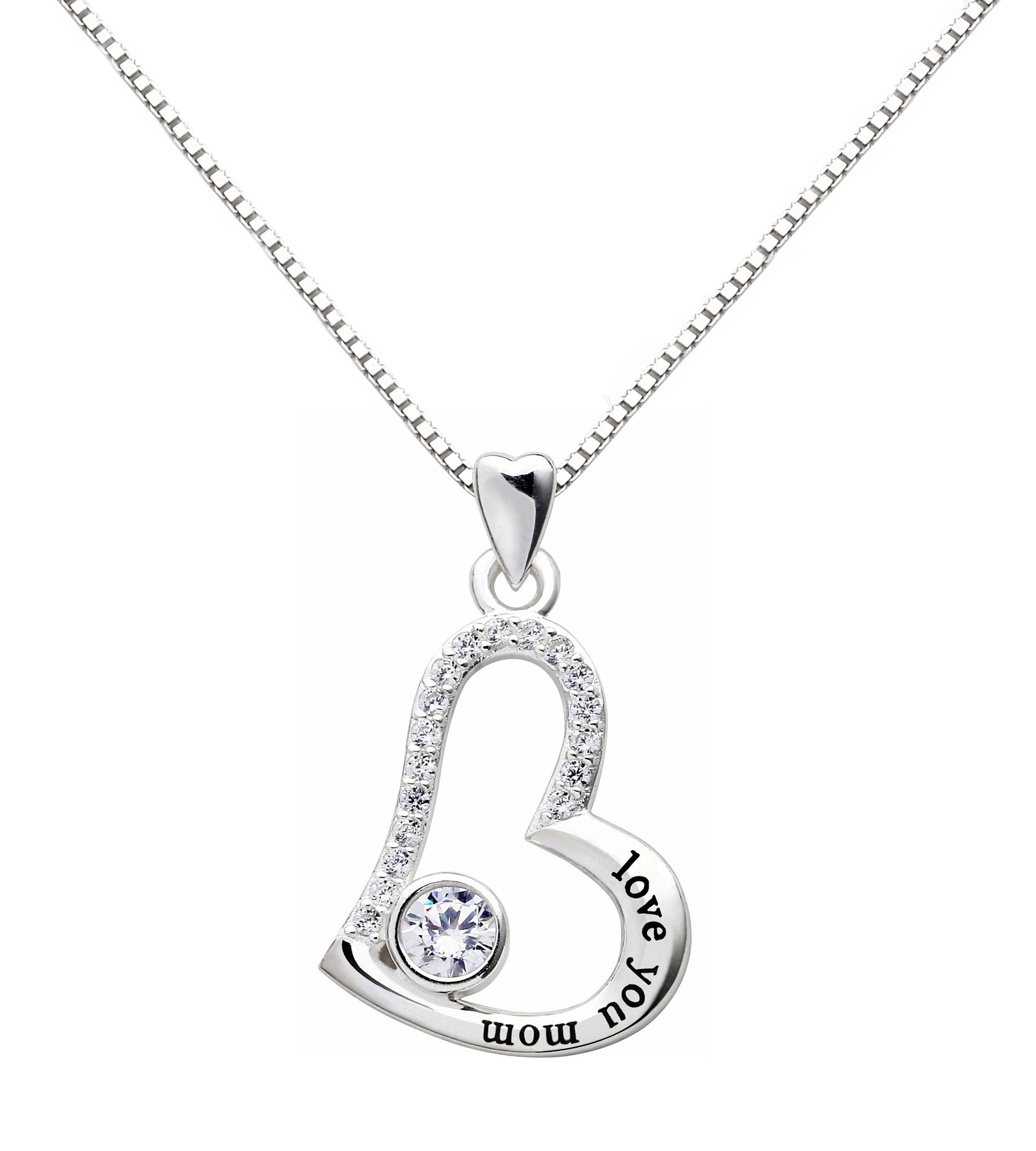 "I Love you MOM" Heart Necklace Embellished with  Crystals in 18K