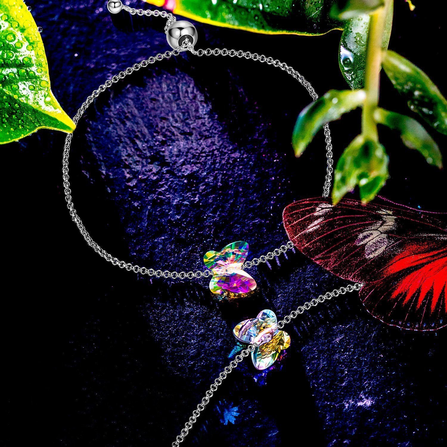 Rainbow Aurora Borealis Butterfly Pendant Bracelet in 14K White Gold