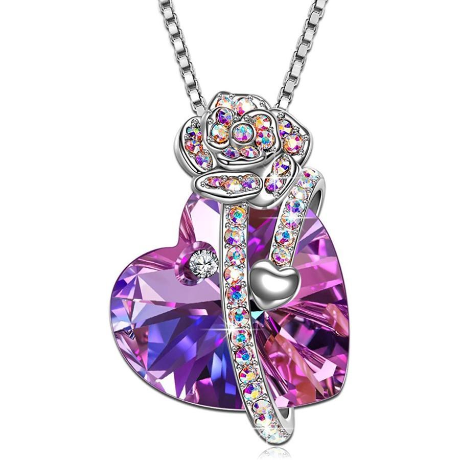 Iridescent Amethyst Gemstone Crystal Rose Heart Necklace in 14K White