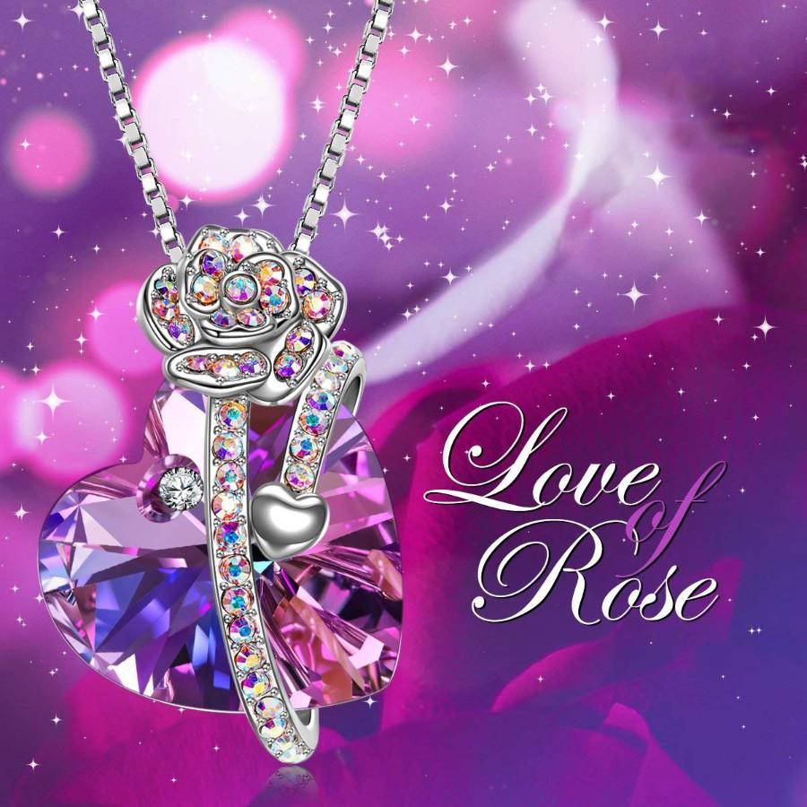 Iridescent Amethyst Gemstone Crystal Rose Heart Necklace in 14K White