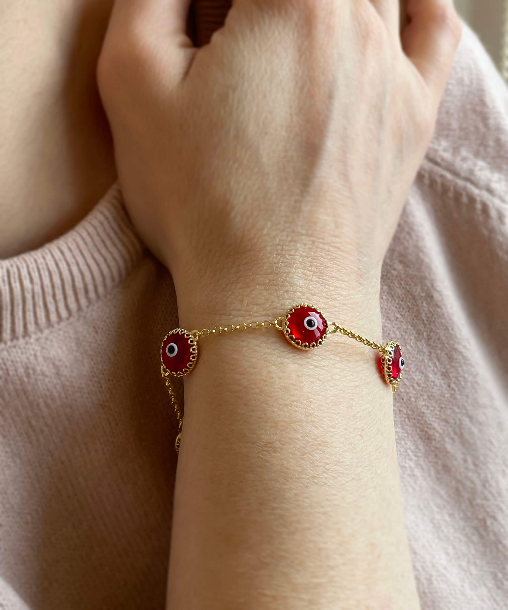 5 Beads Red Evil Eye Women Gold Plated Silver Link Bracelet