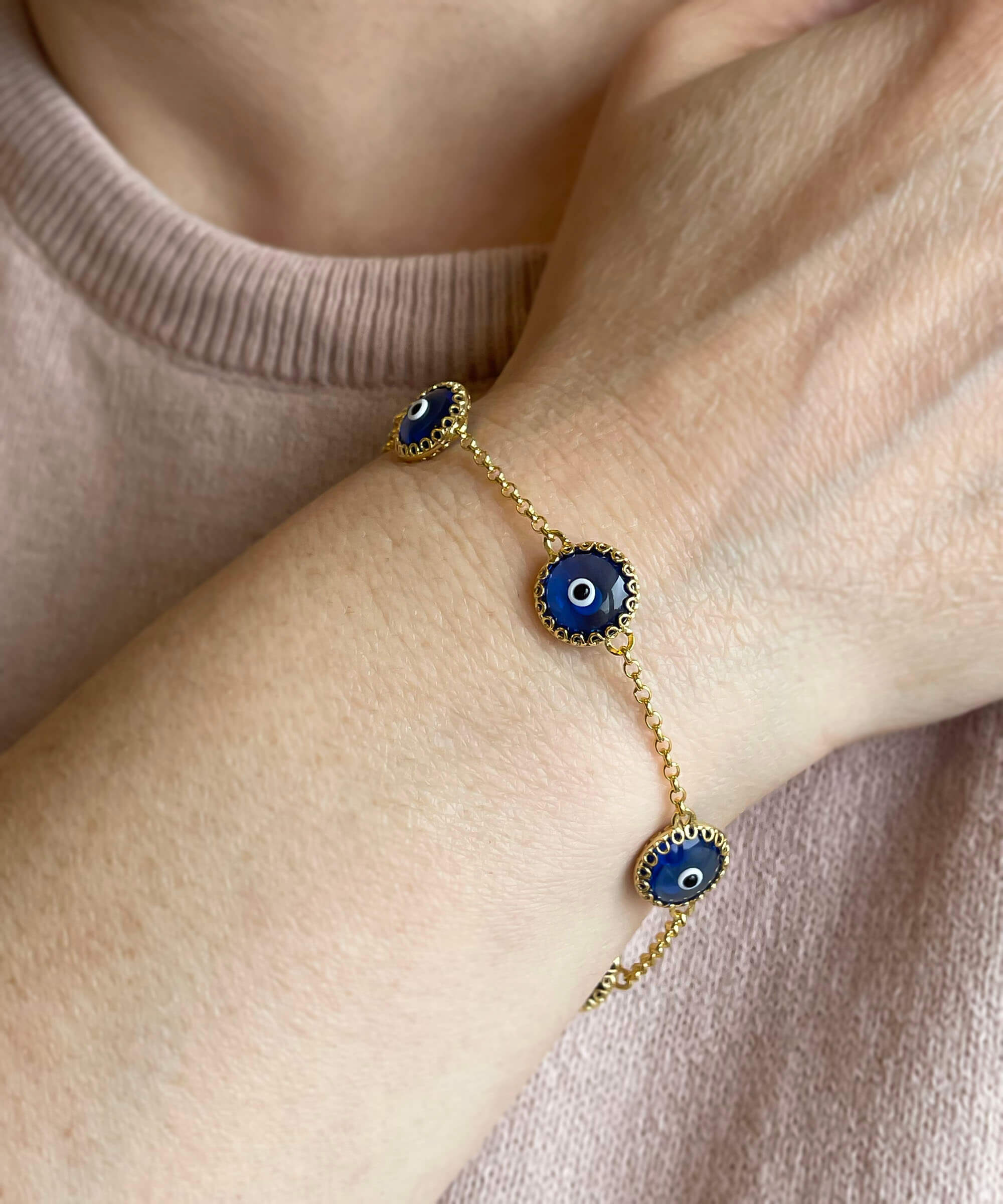 5 Beads Lapis Blue Evil Eye Women Gold Plated Silver Link Bracelet