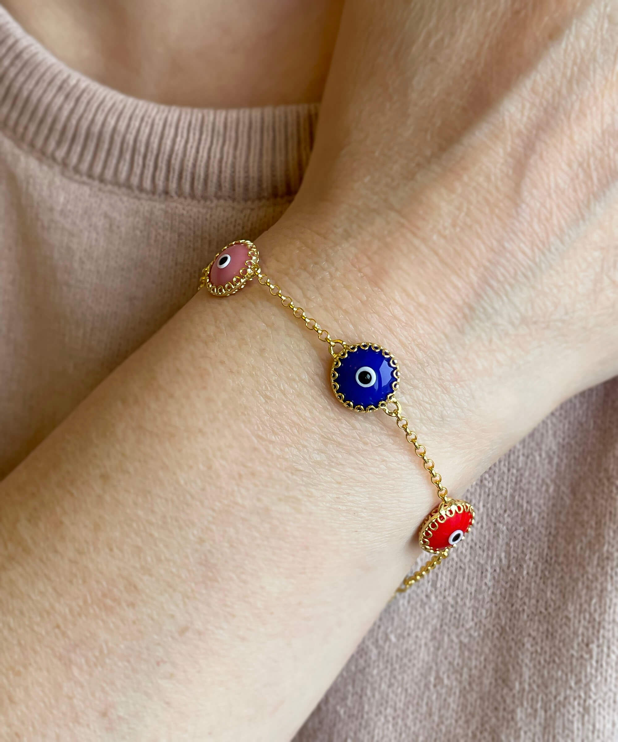 5 Beads Multi Color Evil Eye Women Gold Plated Silver Link Bracelet