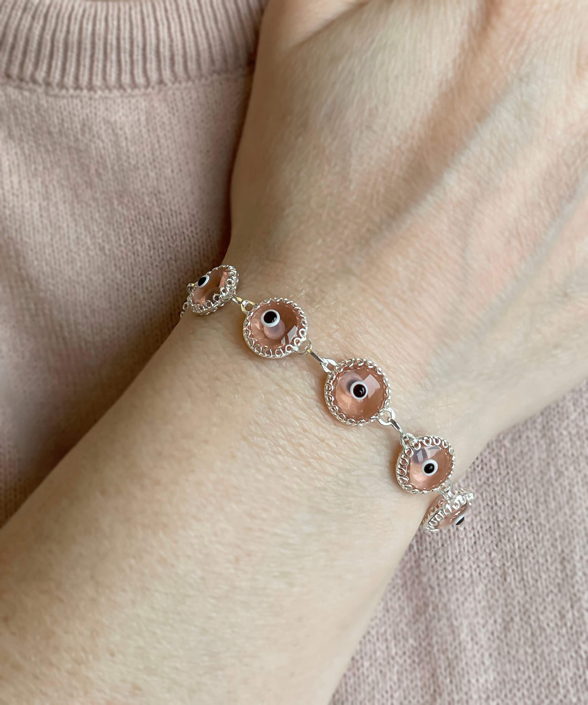 10 Beads Pink Evil Eye Women Silver Link Bracelet