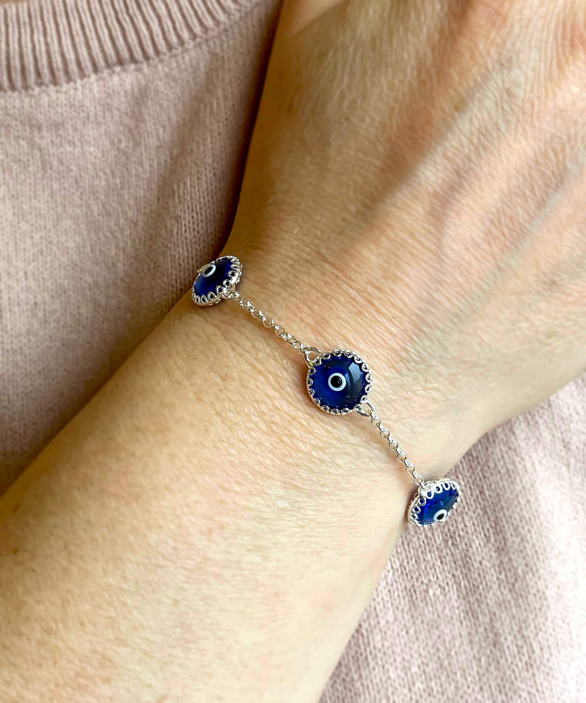 5 Beads Lapis Blue Evil Eye Women Silver Link Bracelet