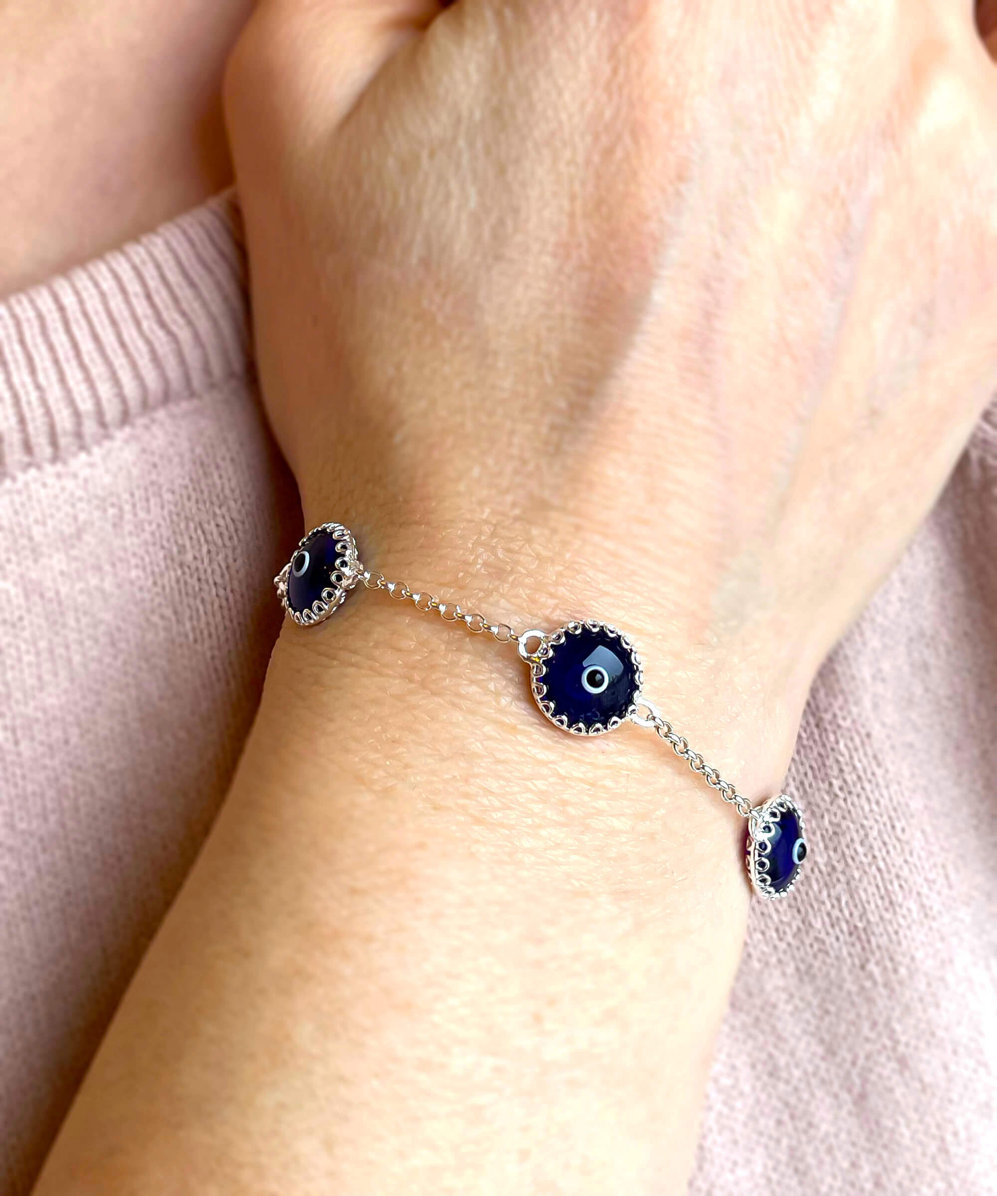 5 Beads Dark Blue Evil Eye Women Silver Link Bracelet