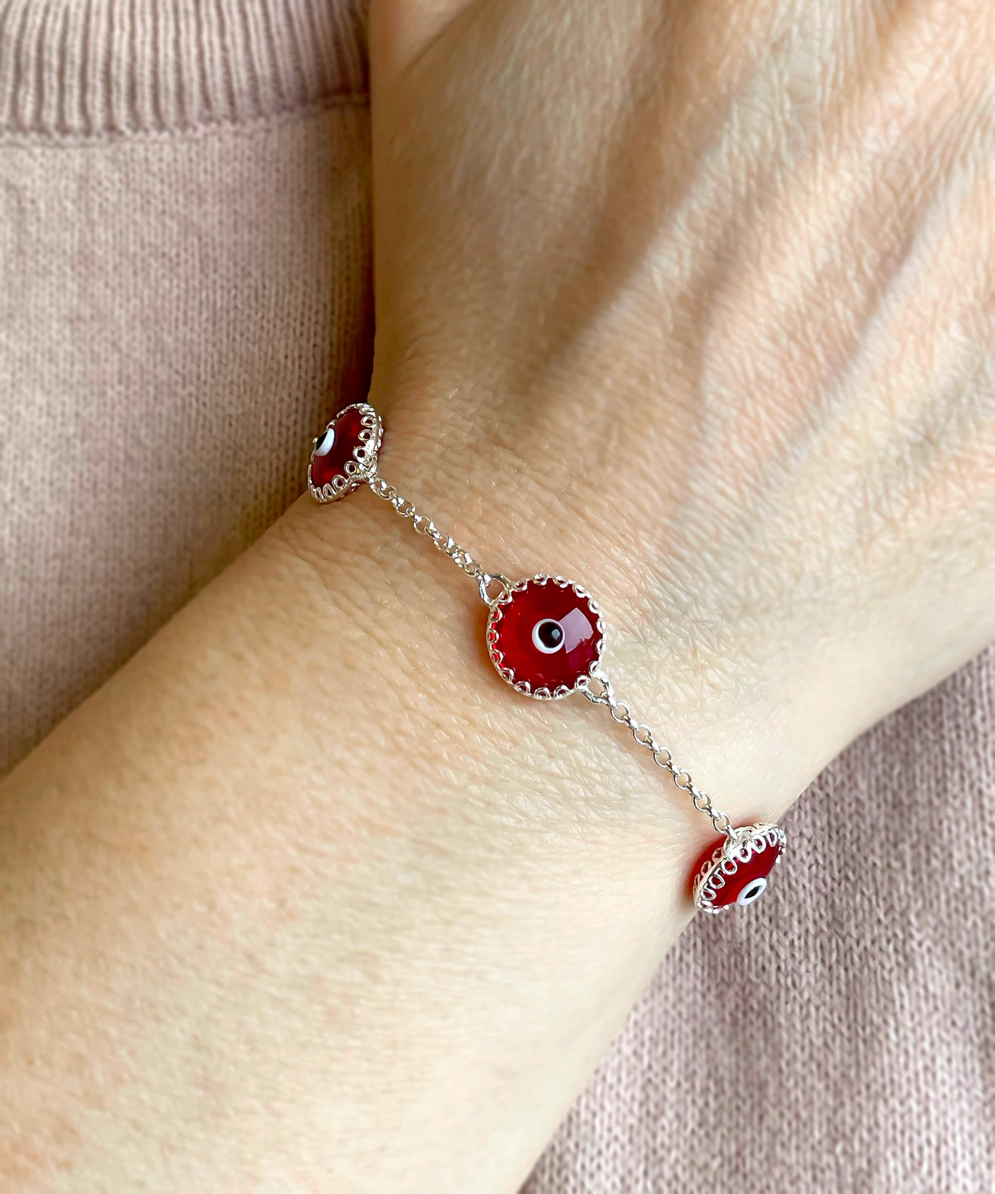 5 Beads Red Evil Eye Women Silver Link Bracelet