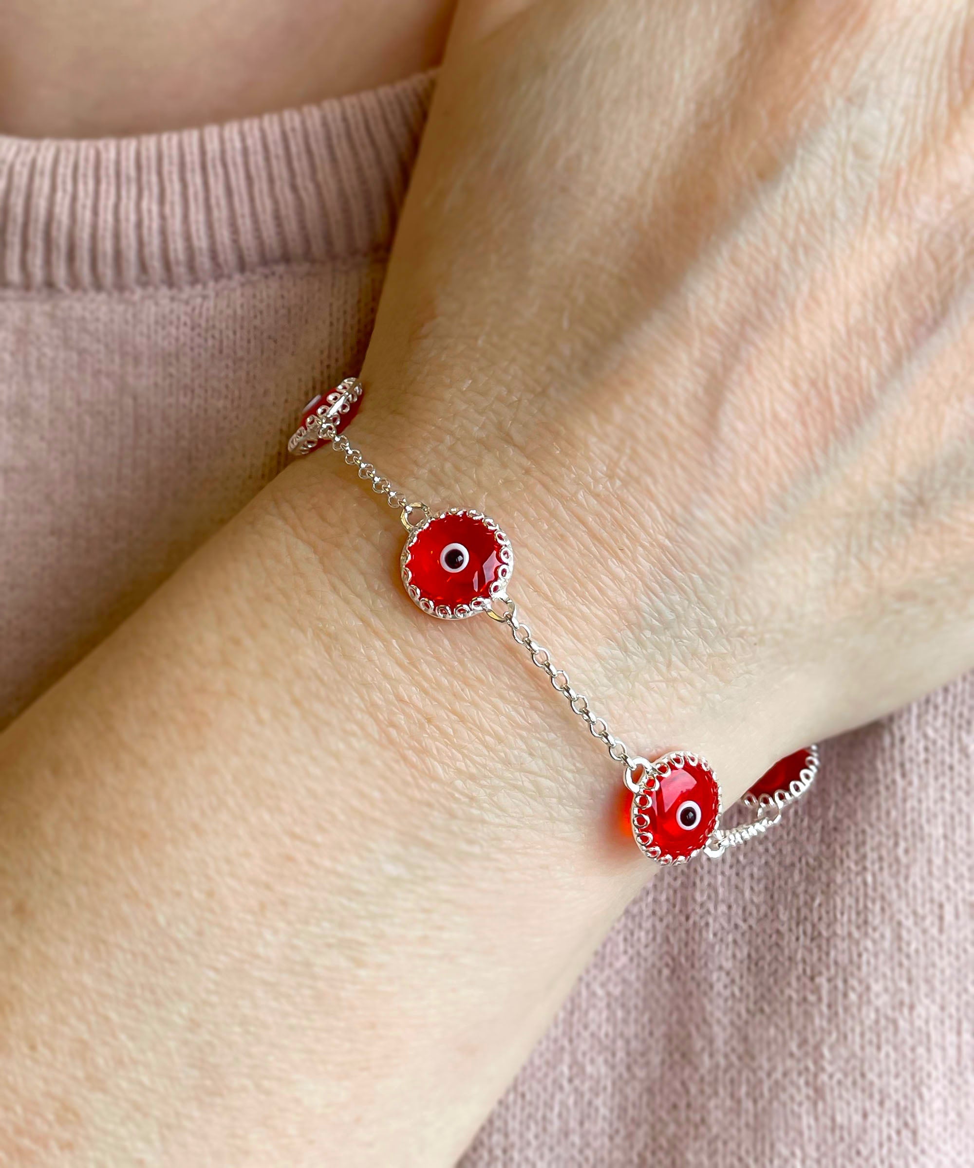 5 Beads Scarlet Evil Eye Women Silver Link Bracelet