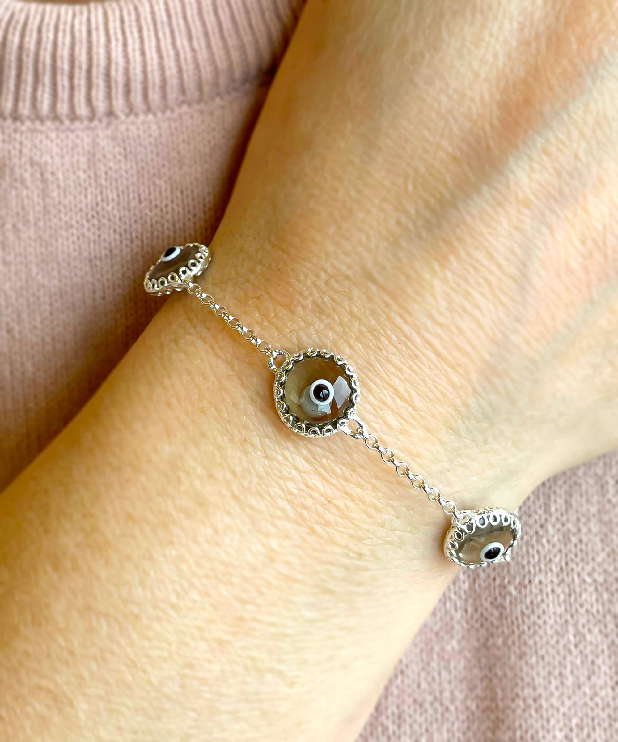 5 Beads Smokey Evil Eye Women Silver Link Bracelet