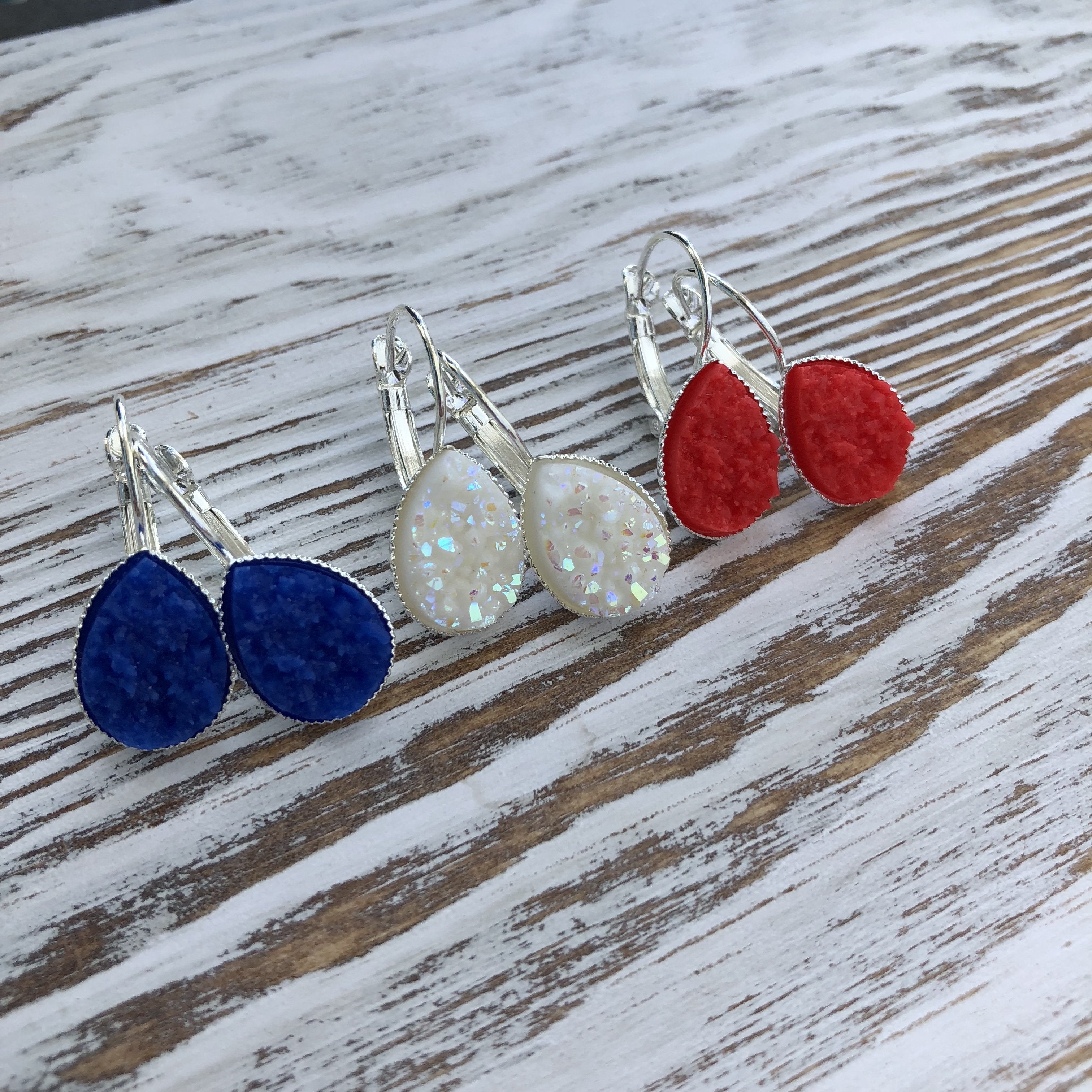 Patriotic 4th of July, Red, White + Blue Druzy Dangly Teardrop