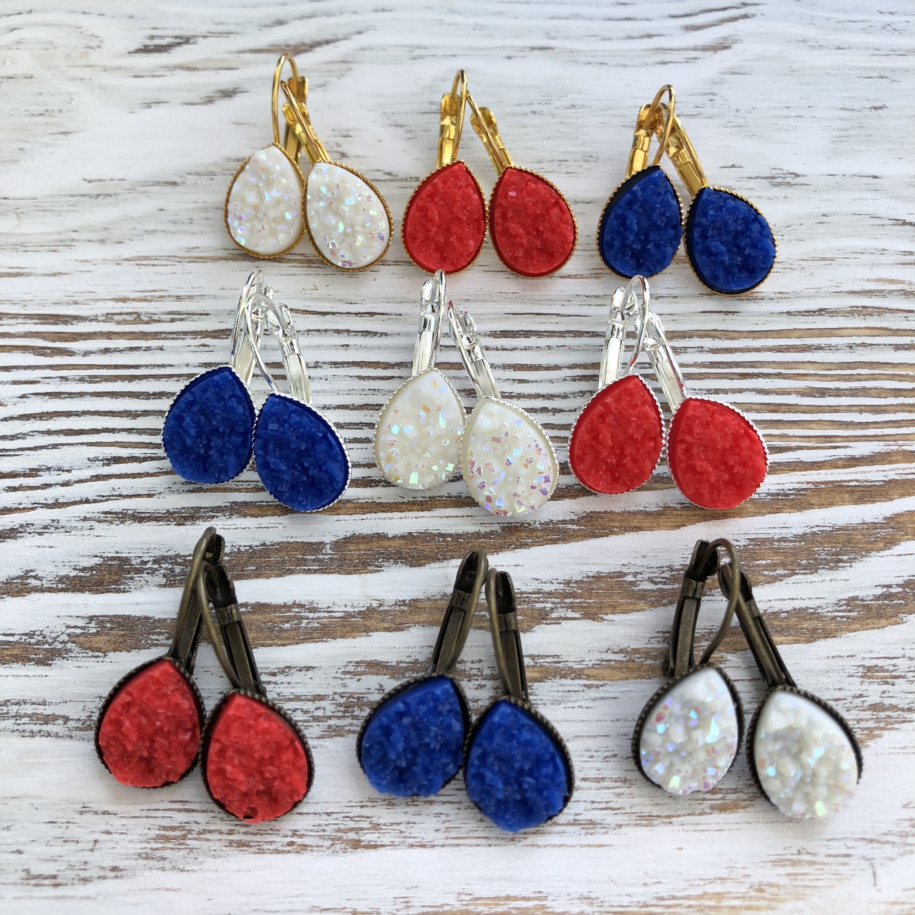 Patriotic 4th of July, Red, White + Blue Druzy Dangly Teardrop