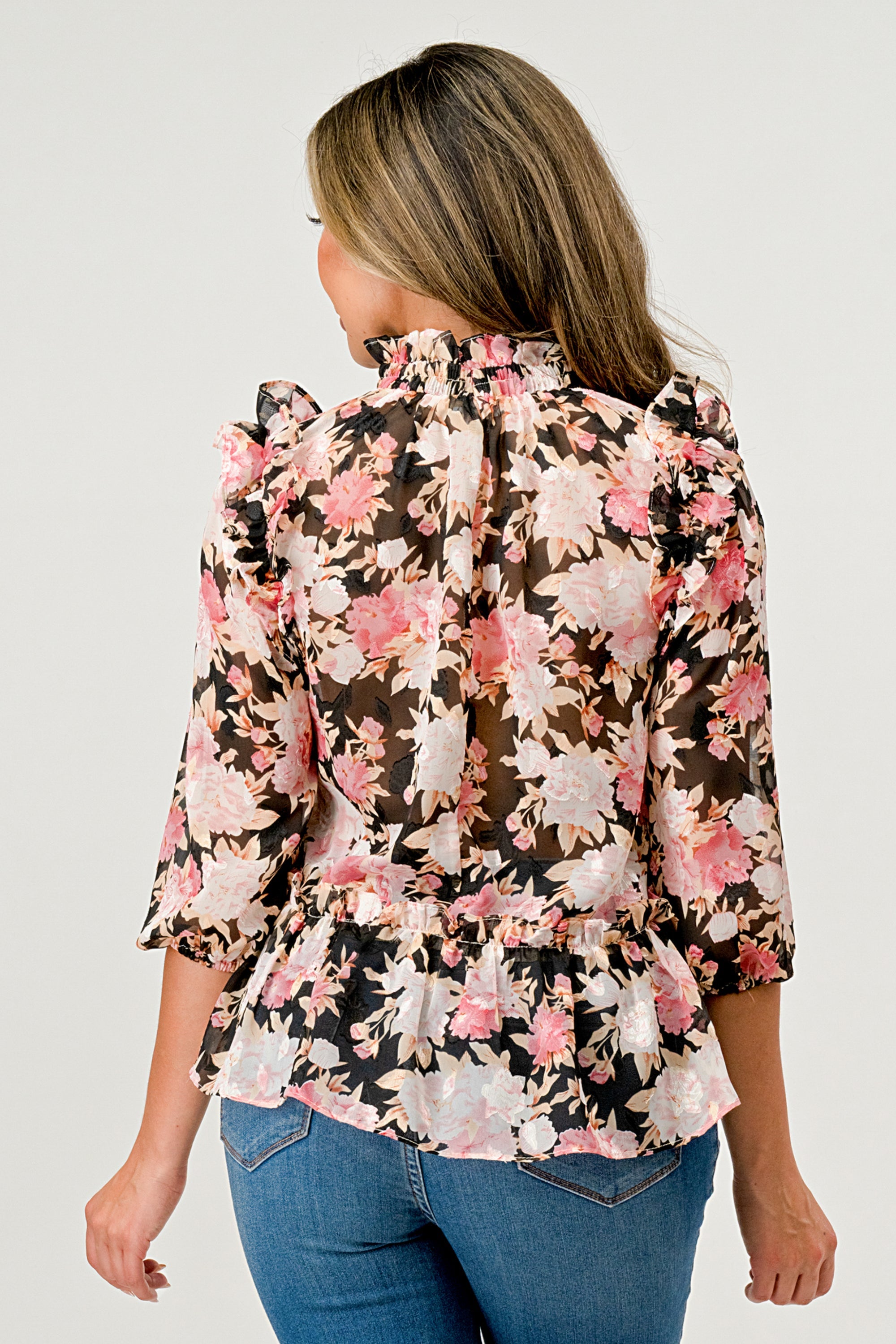 Hi low long sleeve blouse floral chiffon top