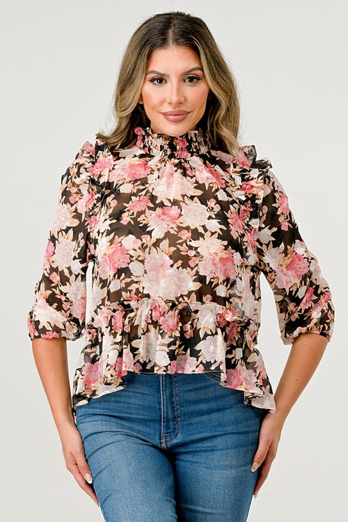 Hi low long sleeve blouse floral chiffon top