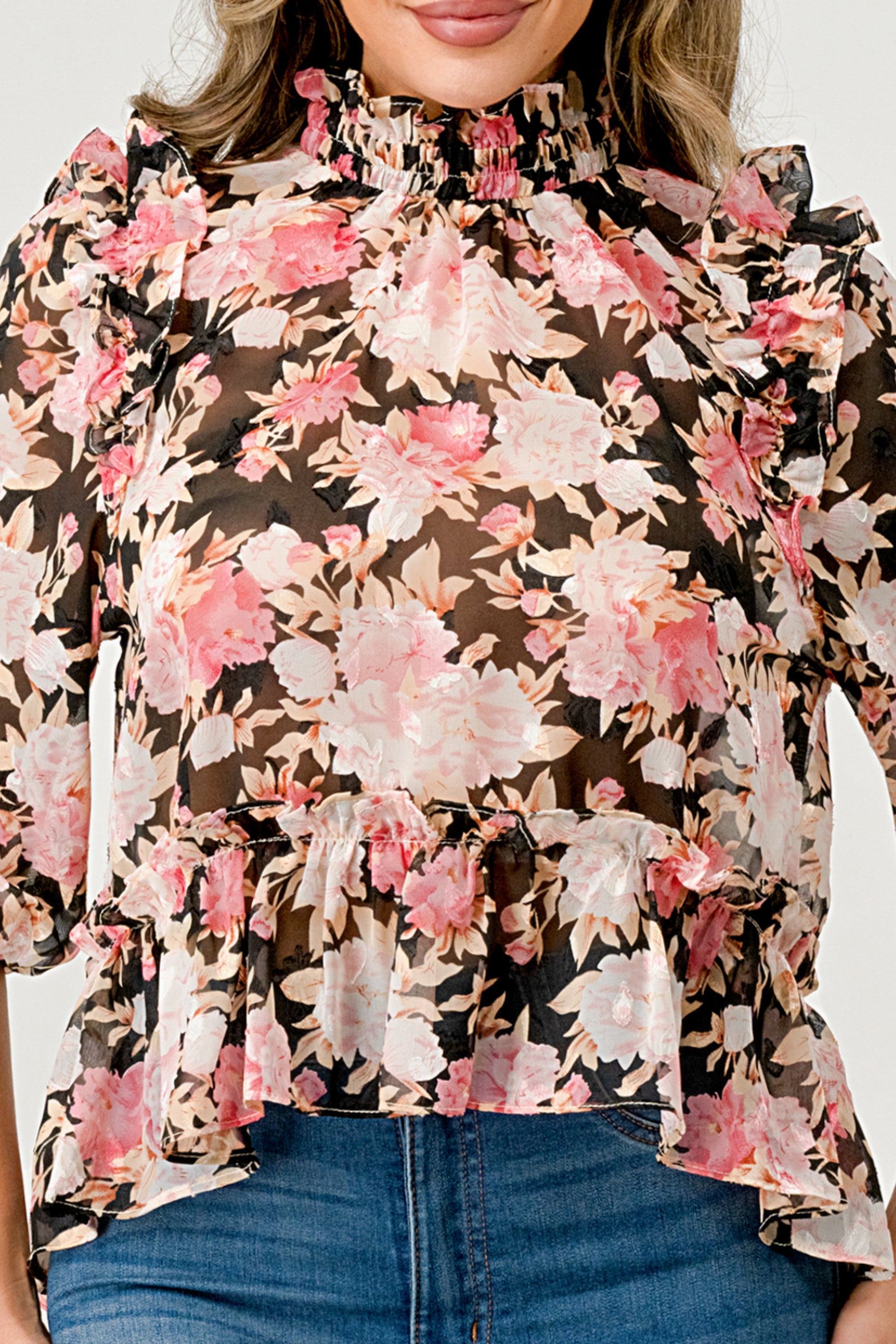 Hi low long sleeve blouse floral chiffon top