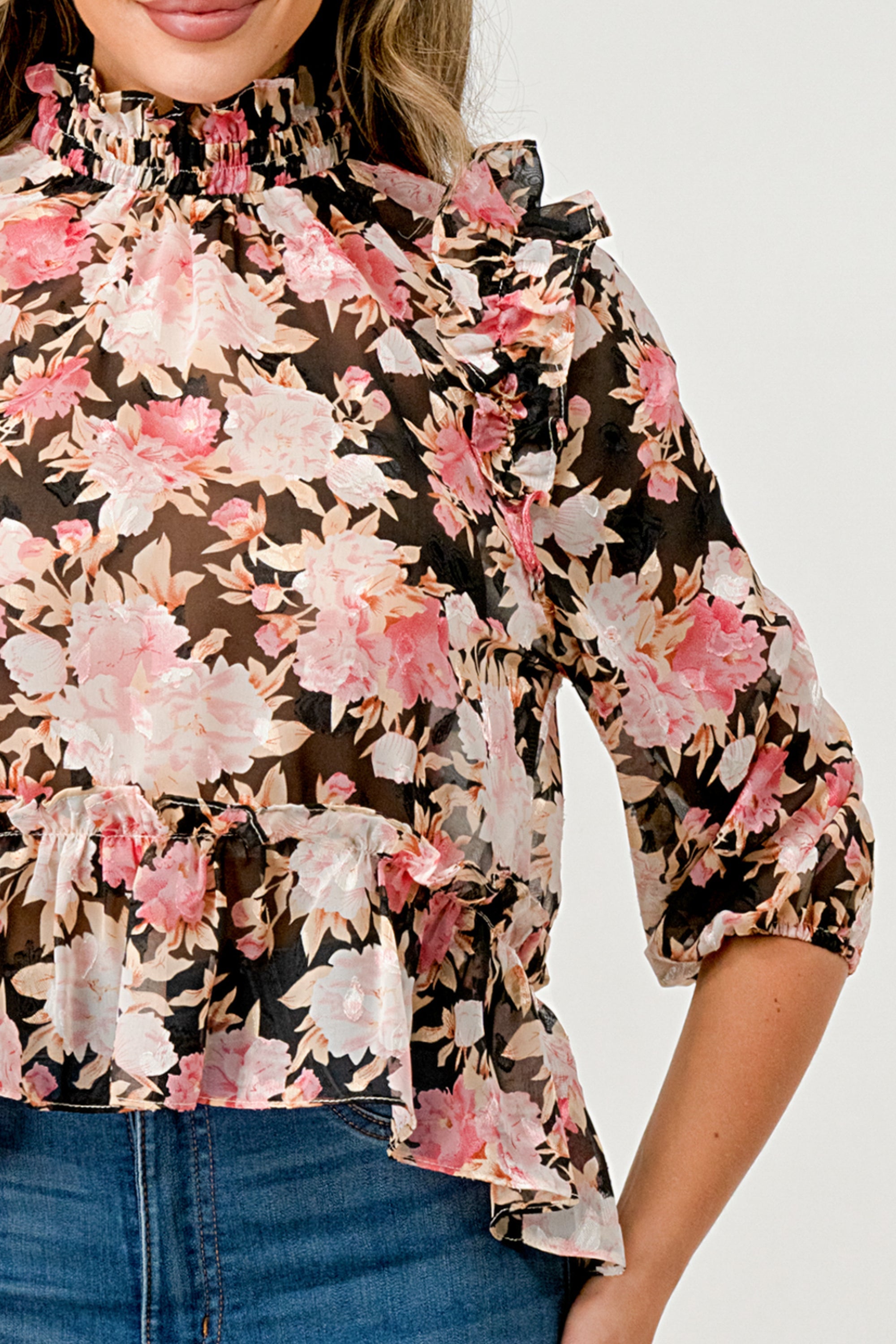 Hi low long sleeve blouse floral chiffon top