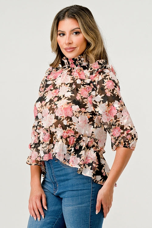 Hi low long sleeve blouse floral chiffon top