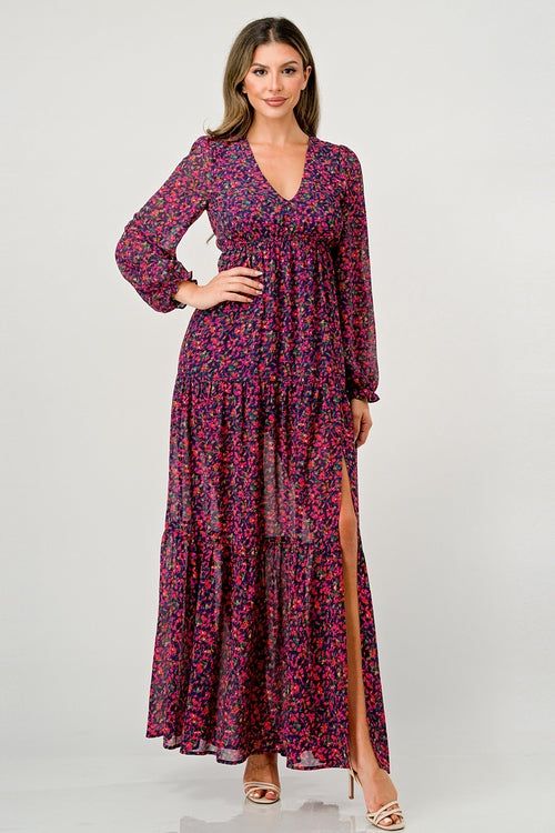 V neck long sleeve slit front tiered maxi dress