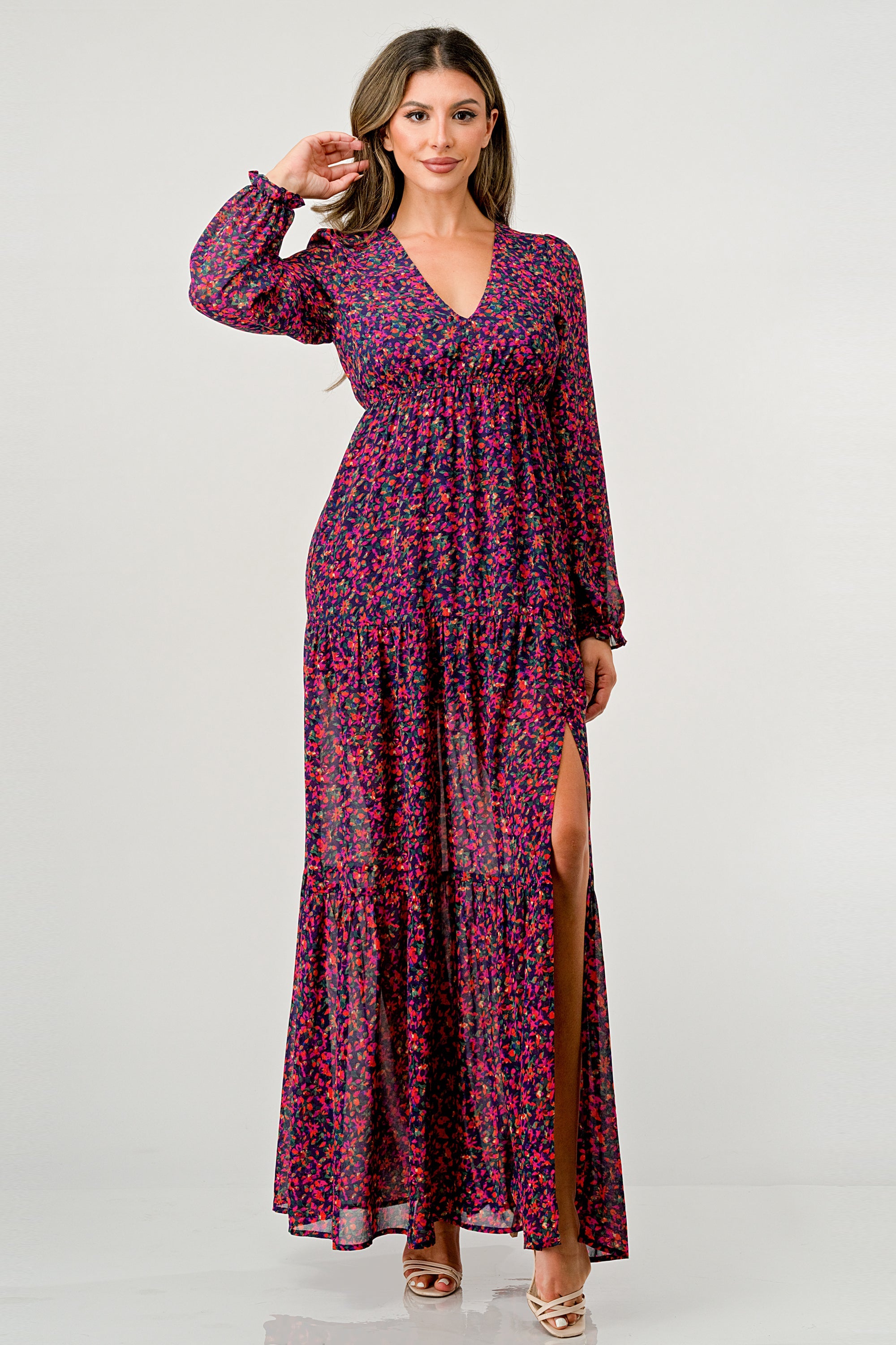 V neck long sleeve slit front tiered maxi dress