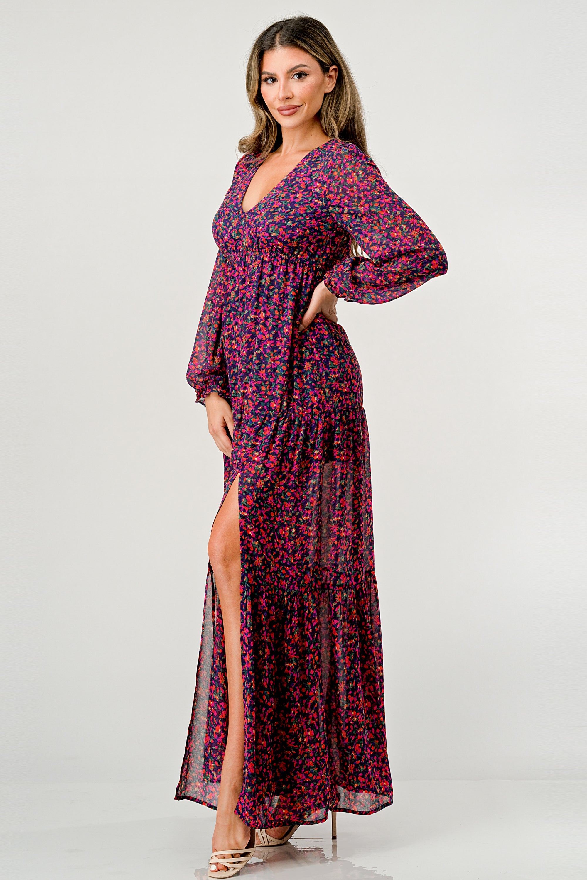 V neck long sleeve slit front tiered maxi dress