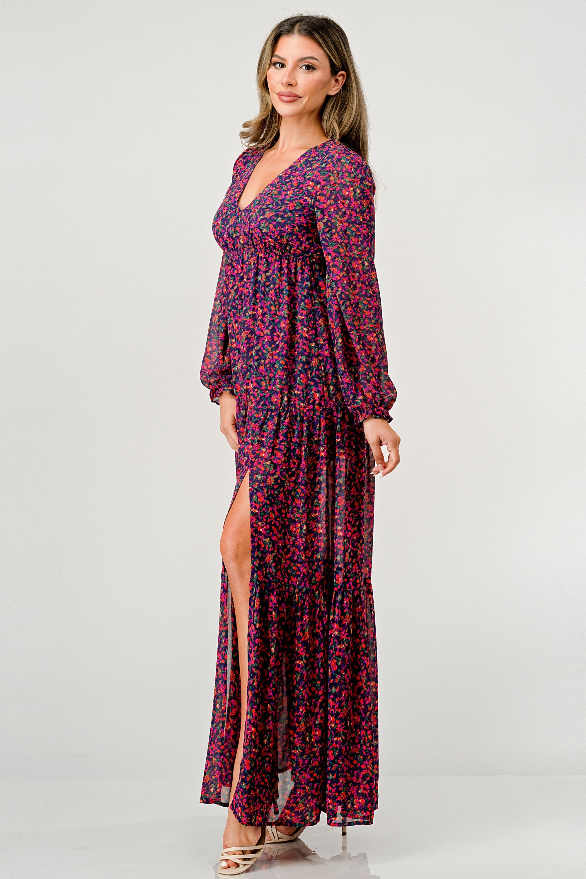 V neck long sleeve slit front tiered maxi dress