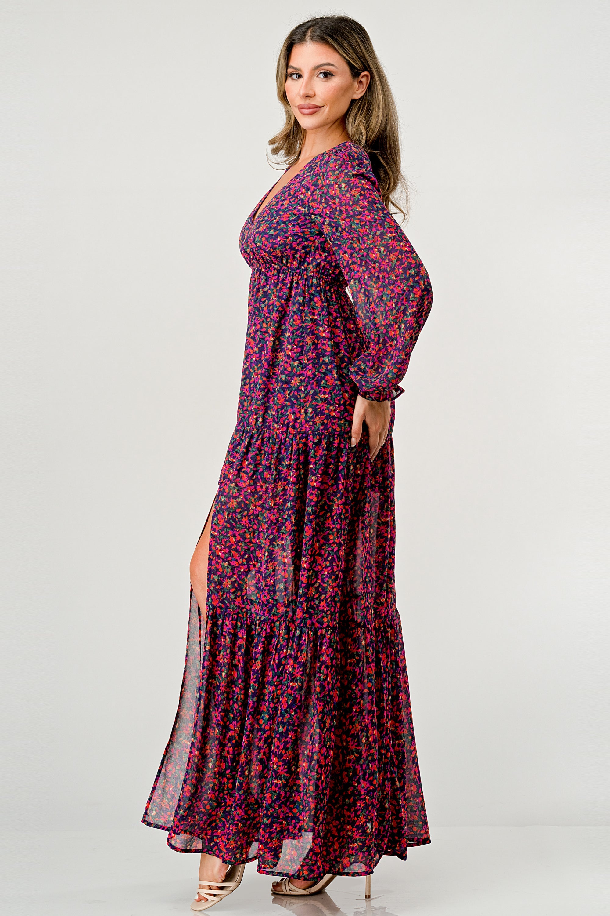 V neck long sleeve slit front tiered maxi dress