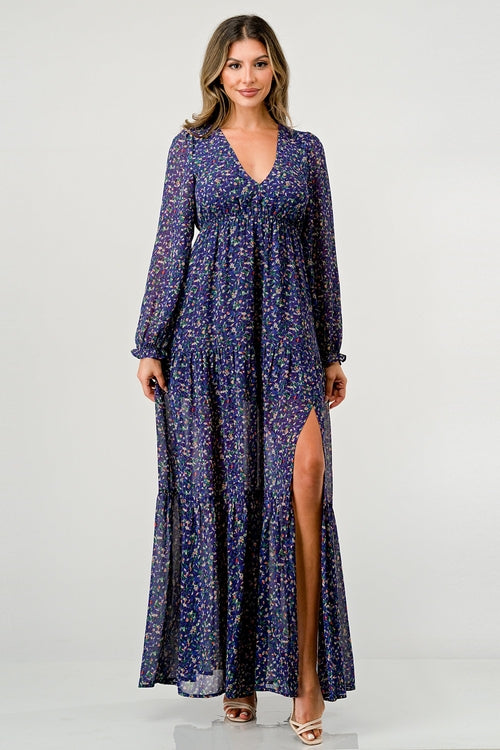 V neck long sleeve slit front tiered maxi dress