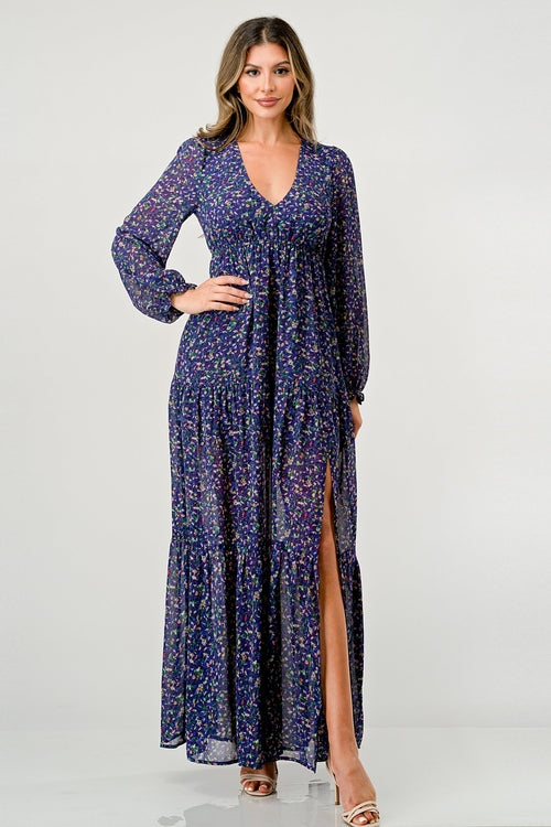 V neck long sleeve slit front tiered maxi dress