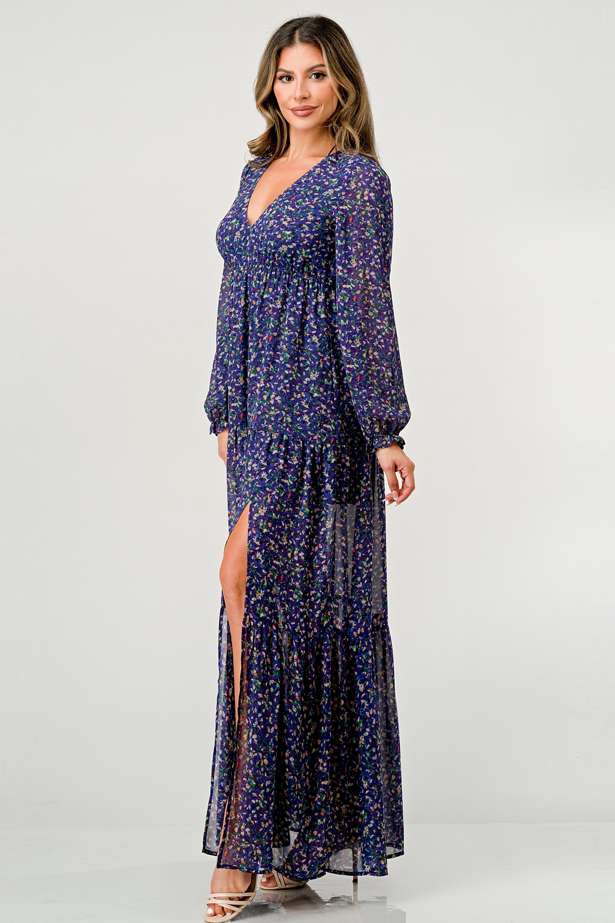 V neck long sleeve slit front tiered maxi dress