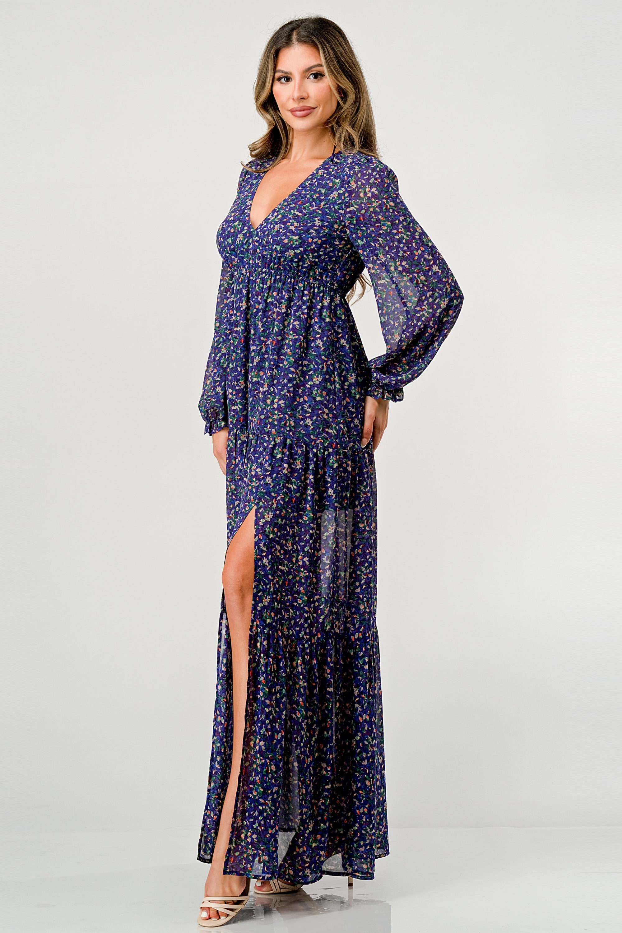 V neck long sleeve slit front tiered maxi dress