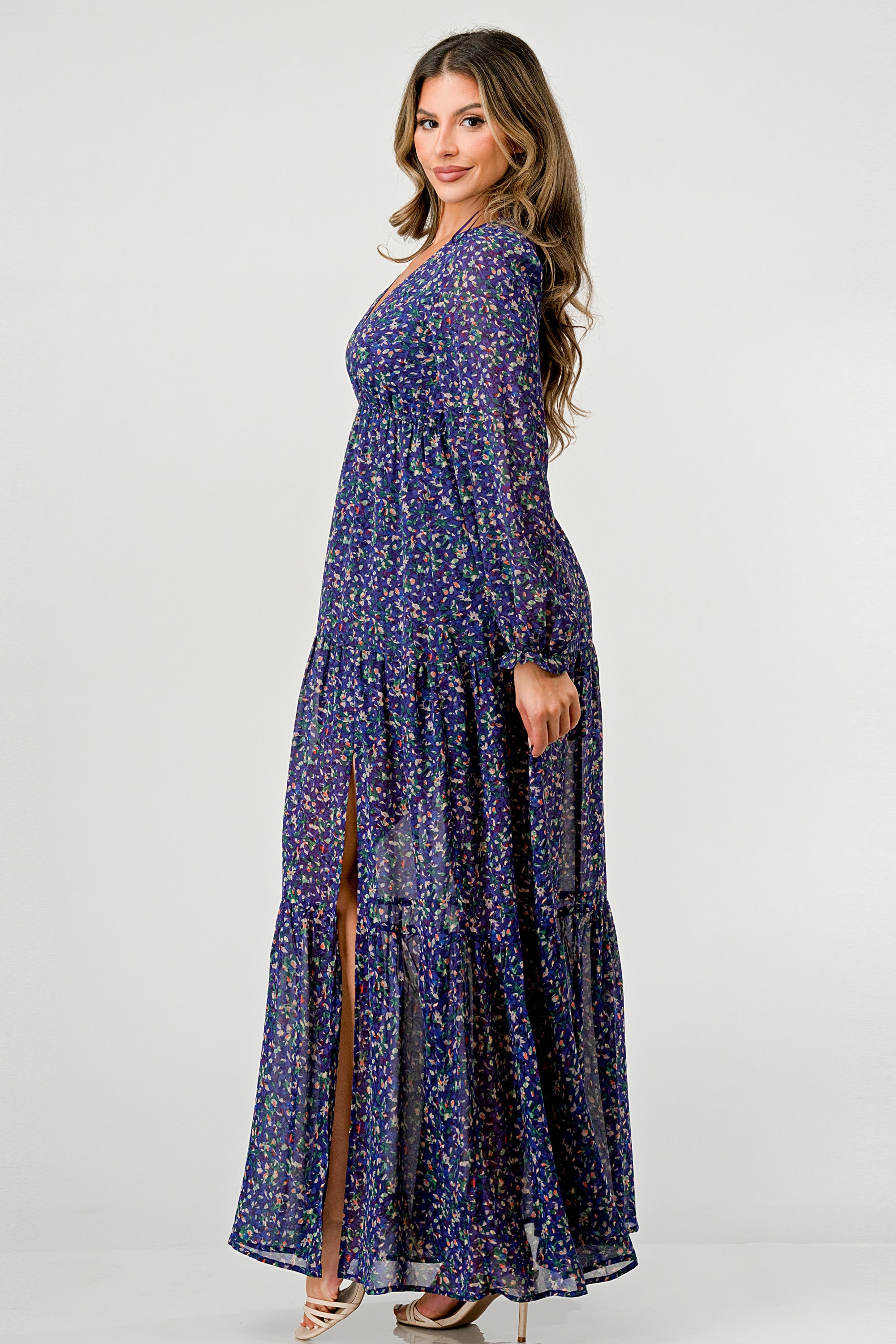 V neck long sleeve slit front tiered maxi dress