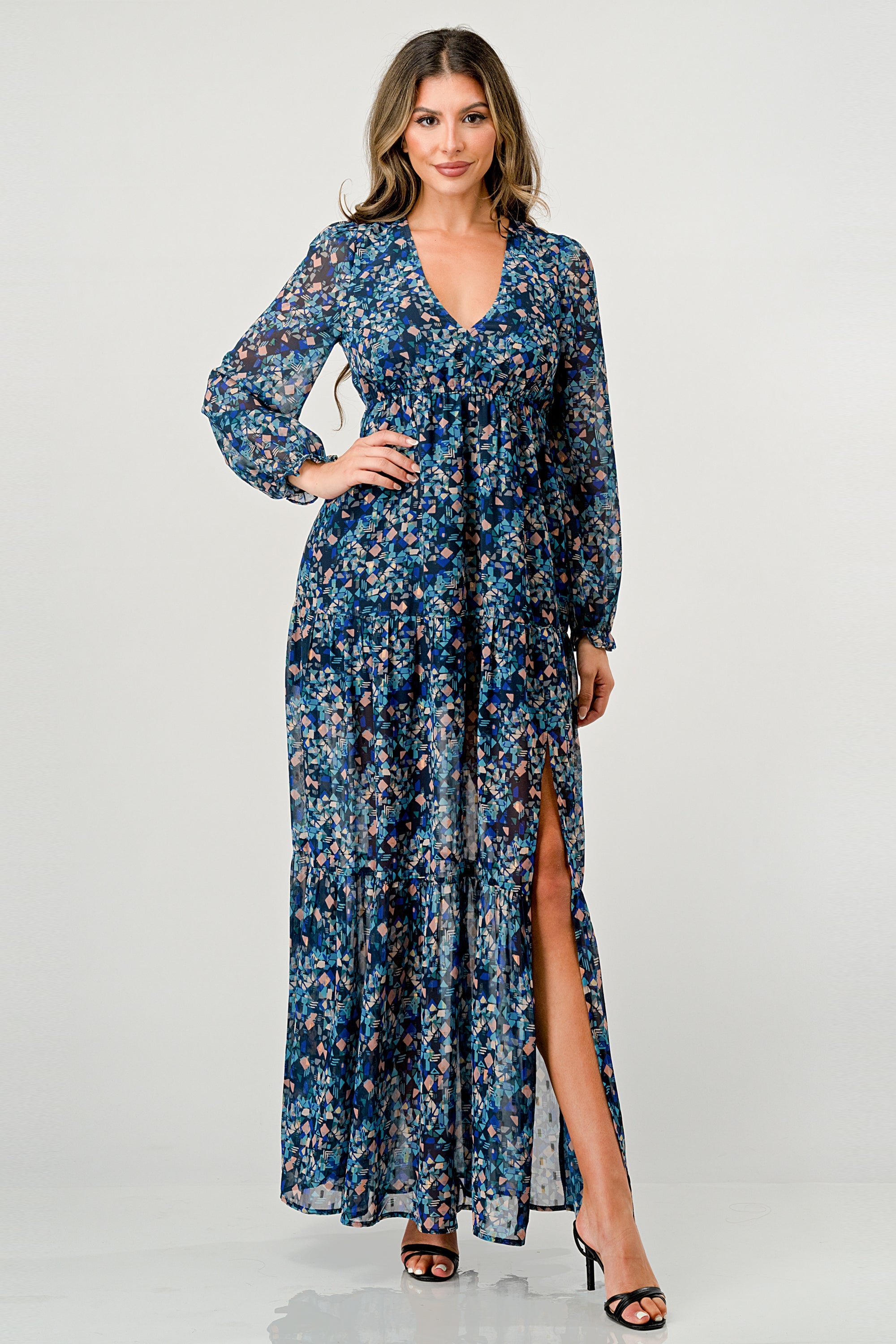 V neck long sleeve slit front tiered maxi dress