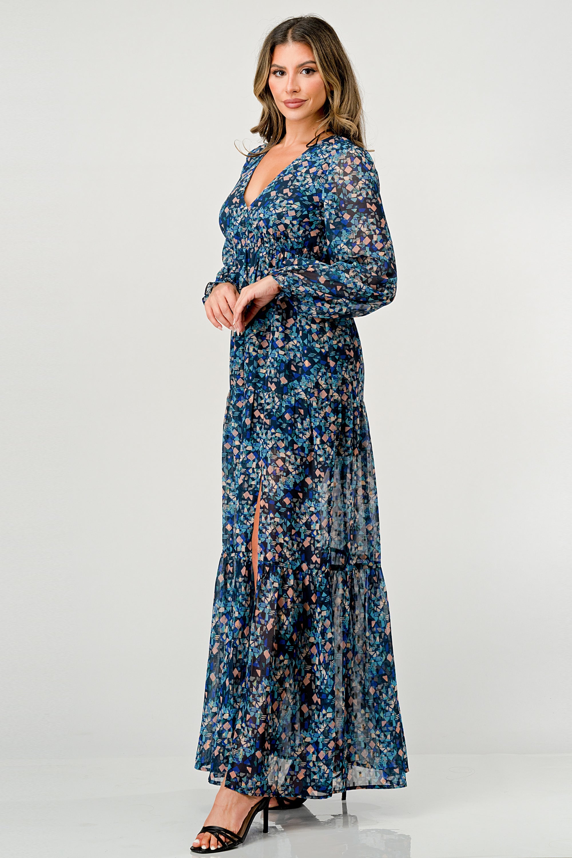 V neck long sleeve slit front tiered maxi dress