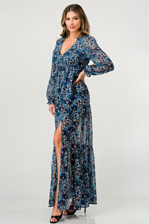 V neck long sleeve slit front tiered maxi dress