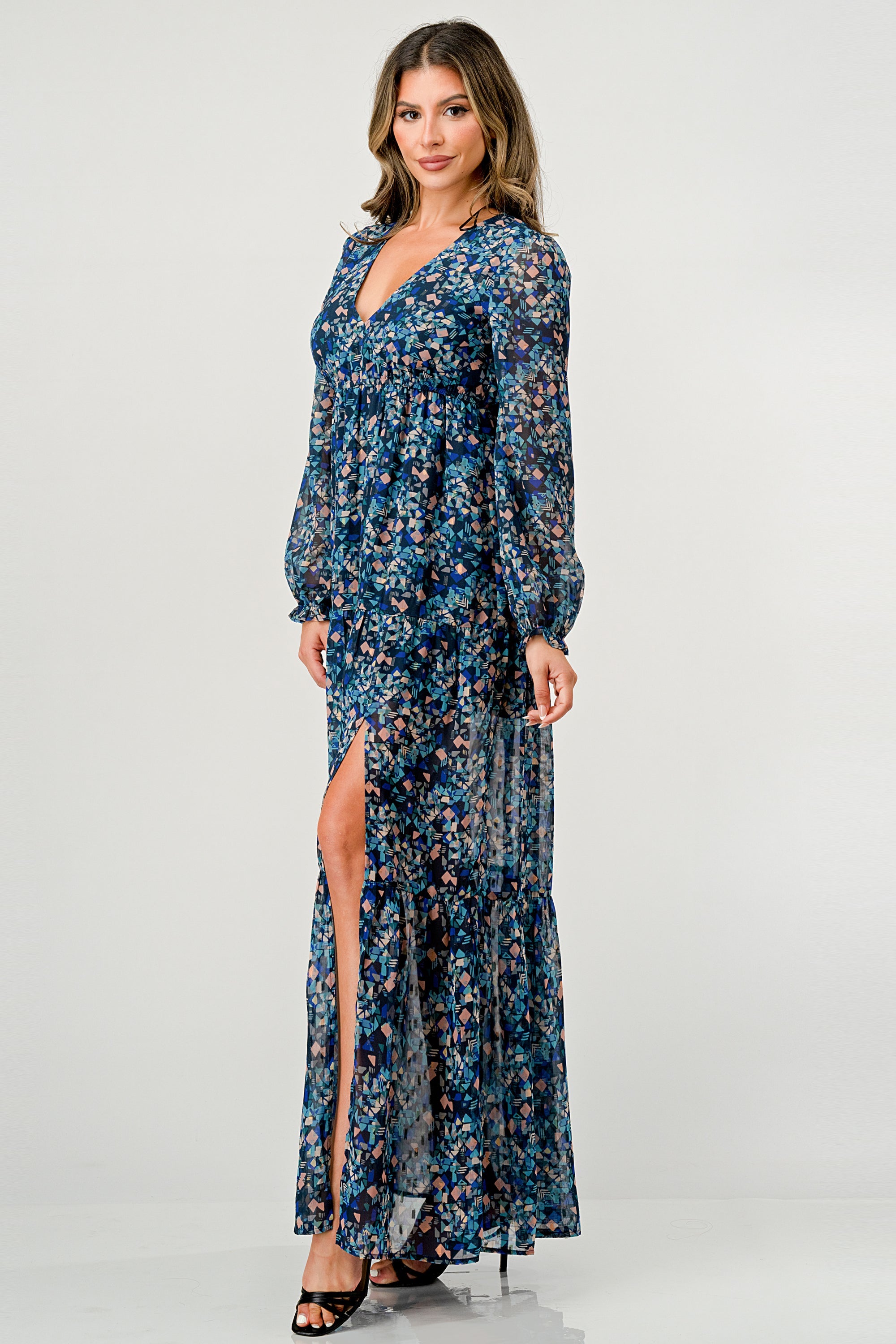 V neck long sleeve slit front tiered maxi dress